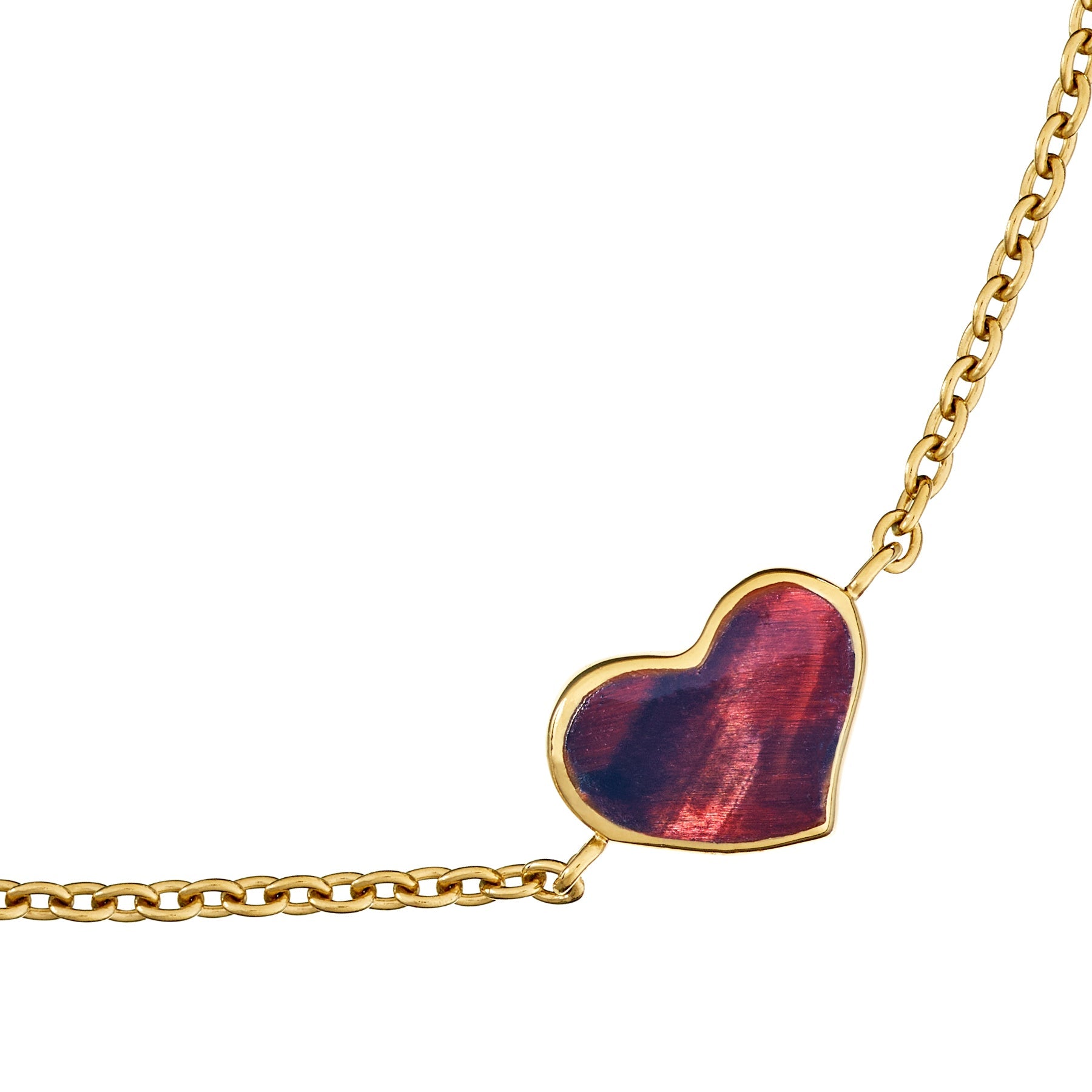 Rose gold vermeil red tiger eye heart chain bracelet full view showing rose gold cable chain with JL monogram disc charm and domed red tiger eye cabochon heart station by Jan Leslie