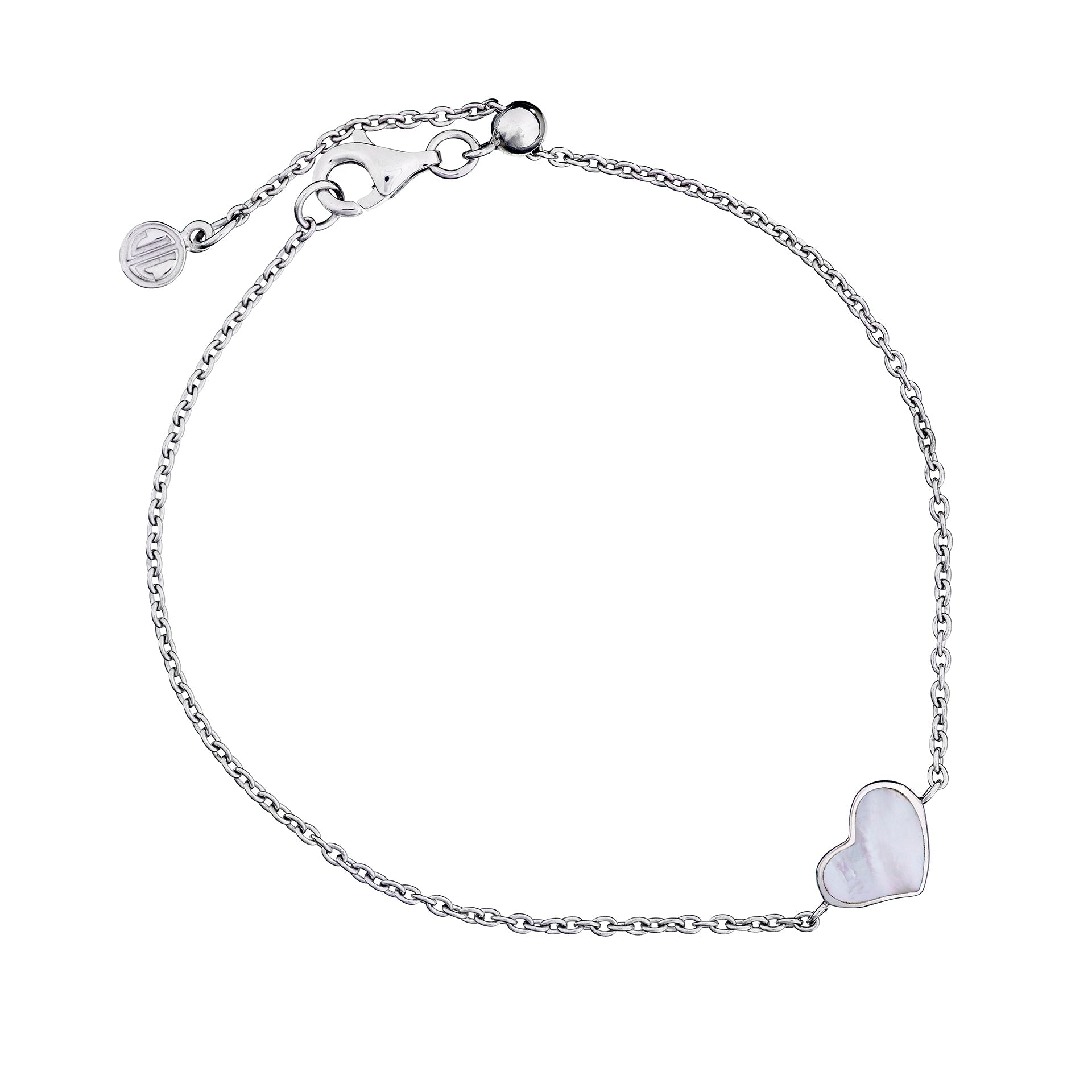 White mother-of-pearl heart station sterling silver bracelet with adjustable lobster clasp — Jan Leslie