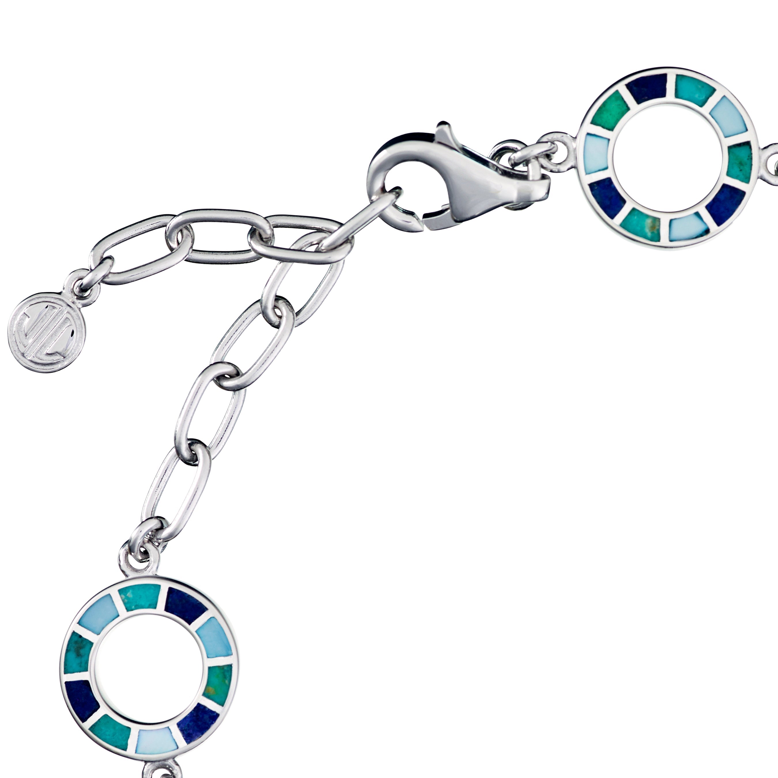  Sterling silver multi-blue enamel mosaic open circle bracelet showing adjustable lobster clasp and Jan Leslie charm.