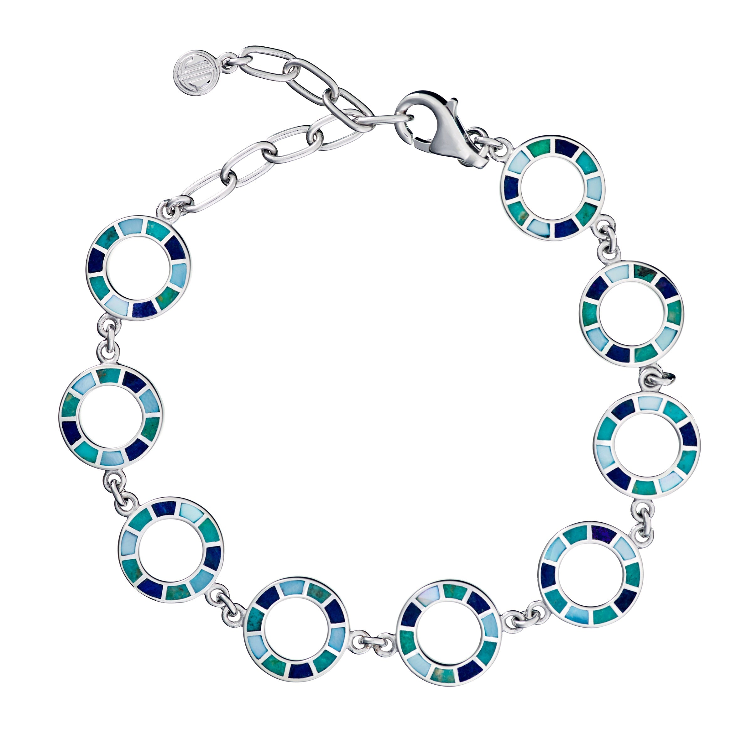 Sterling silver open circle link bracelet with cobalt teal and sky blue enamel mosaic tile border and adjustable lobster clasp by Jan Leslie.