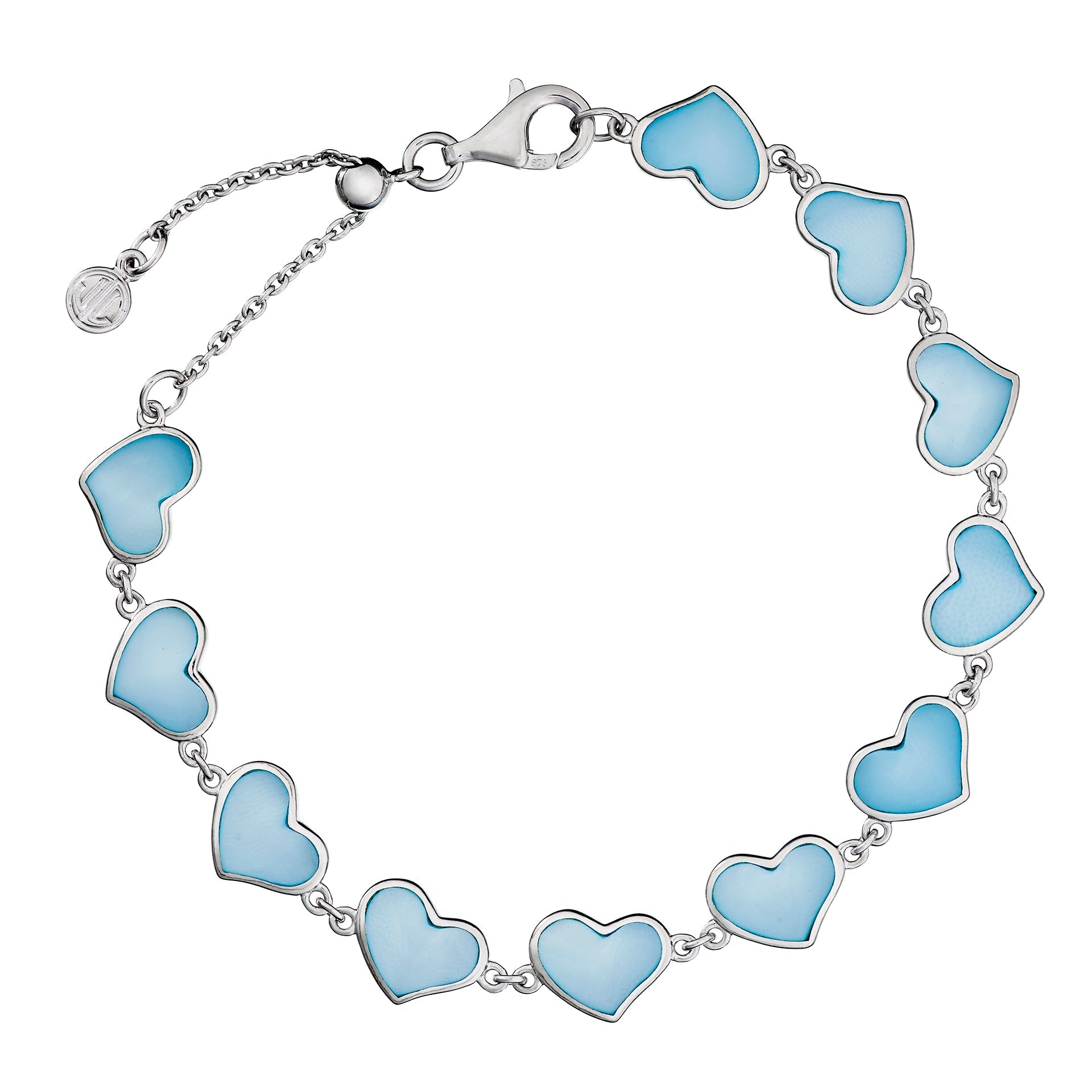 Blue mother-of-pearl bezel heart link sterling silver bracelet, detail view — Jan Leslie