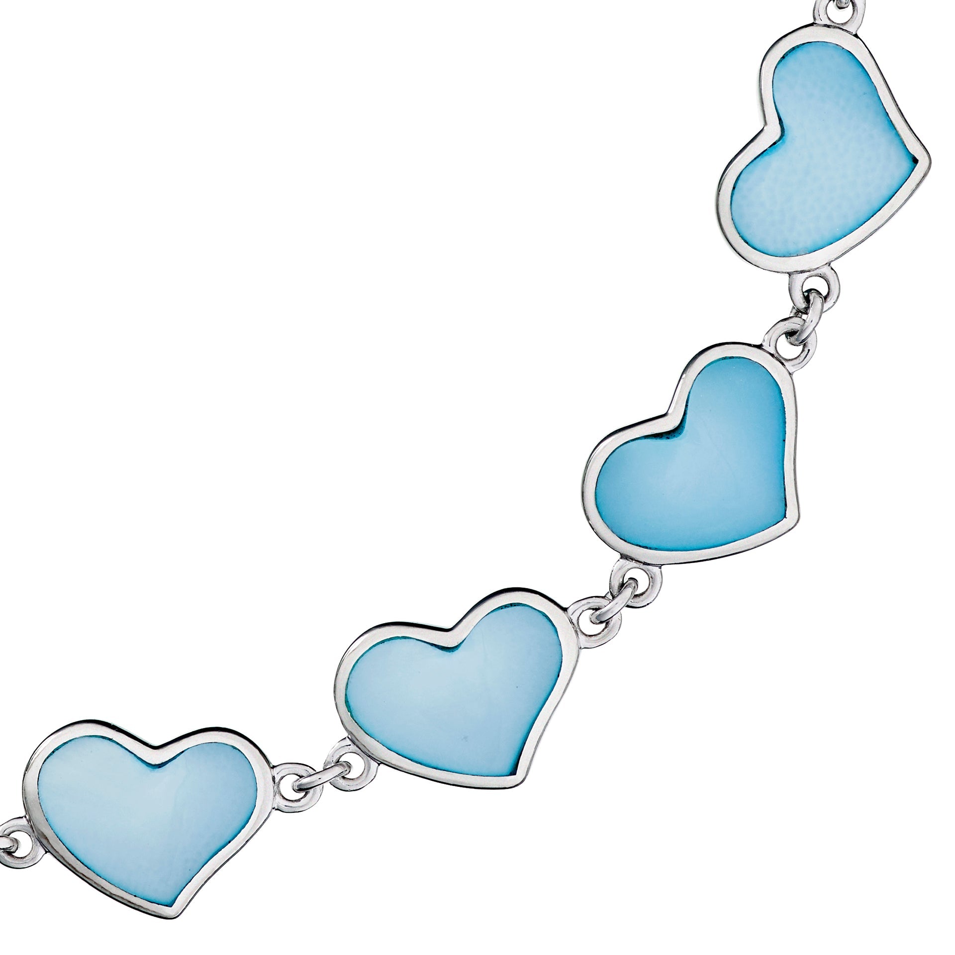 Close-up of blue mother-of-pearl heart link sterling silver bracelet — Jan Leslie