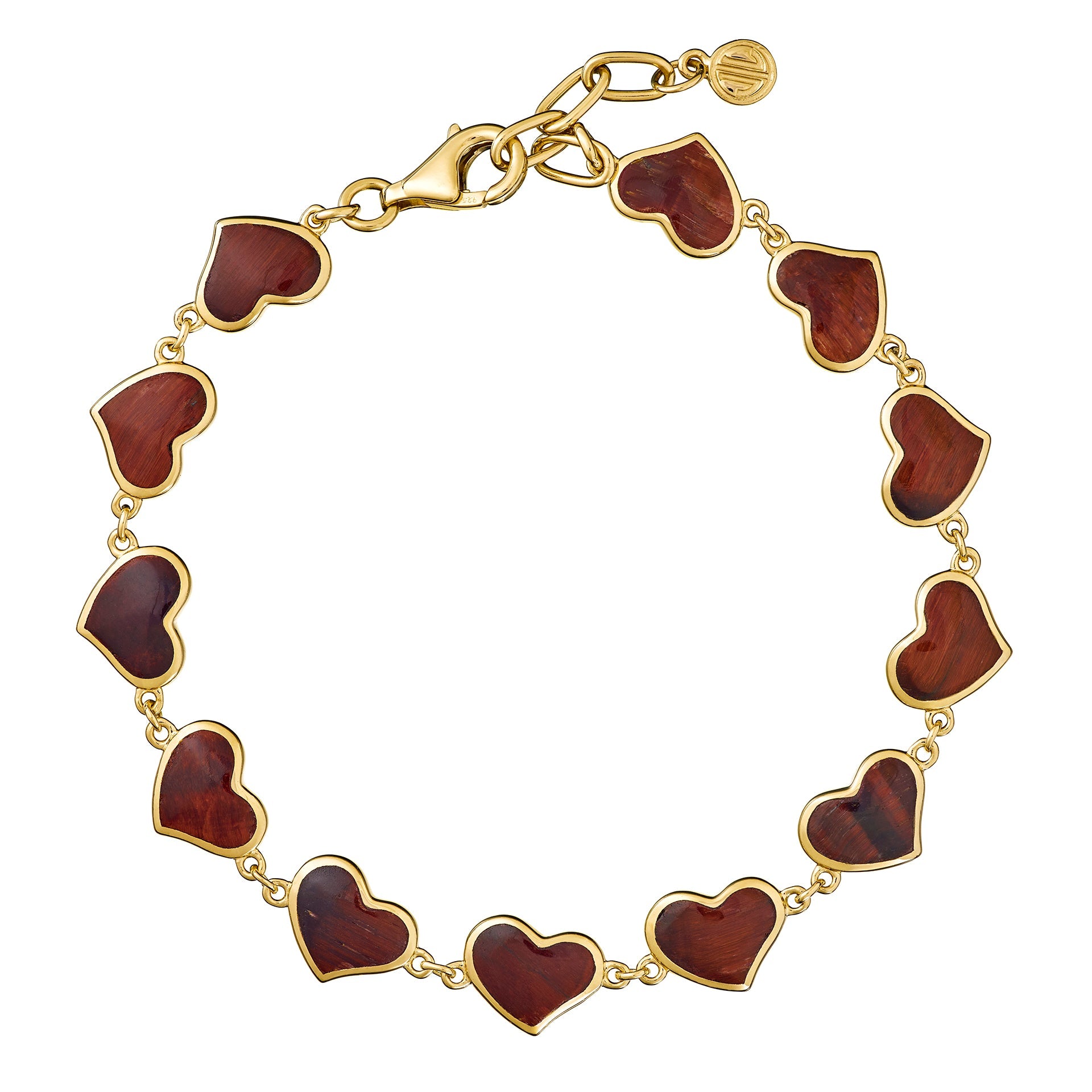 Detail view of red tiger's eye bezel heart link gold bracelet — Jan Leslie
