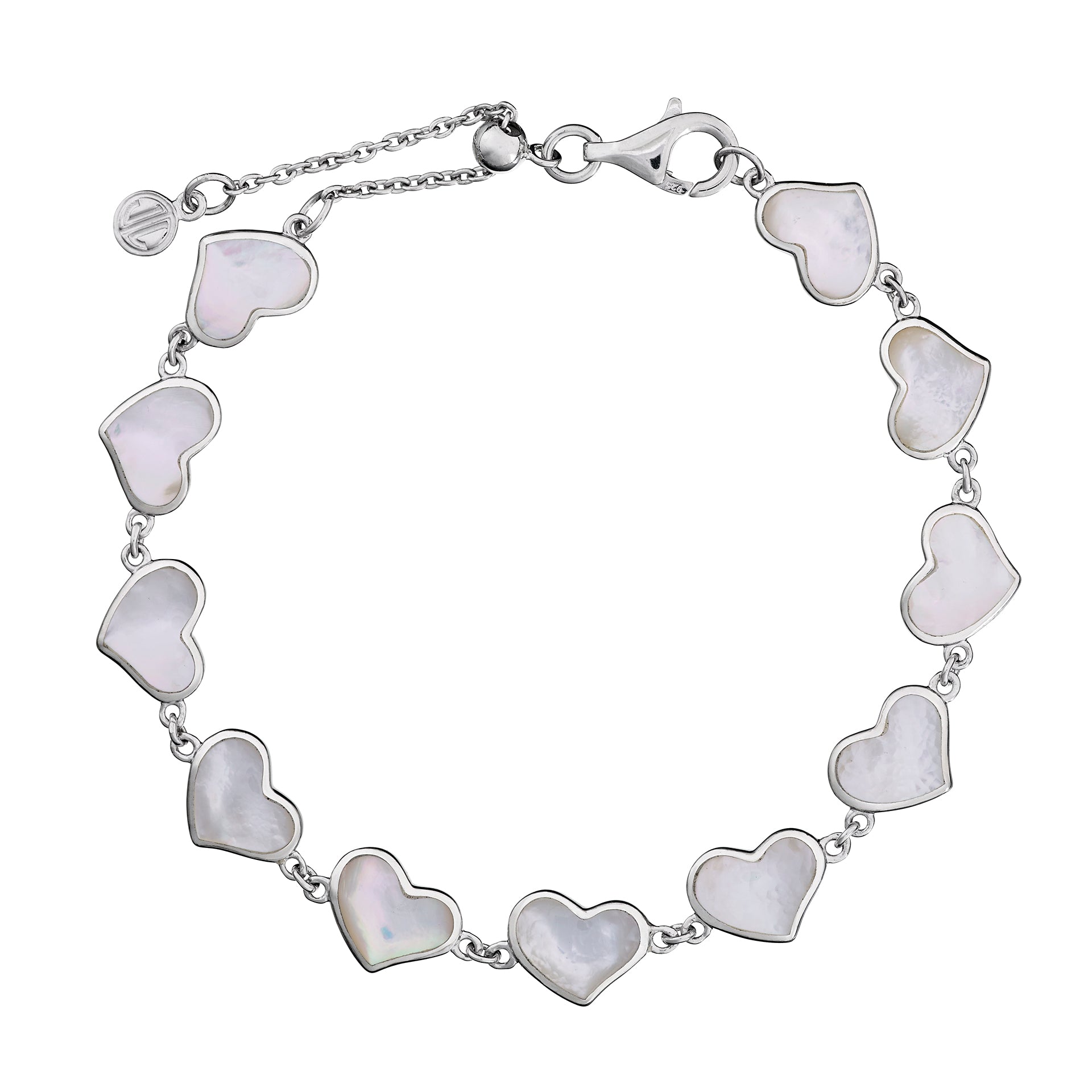 White mother-of-pearl heart link sterling silver bracelet with adjustable lobster clasp — Jan Leslie