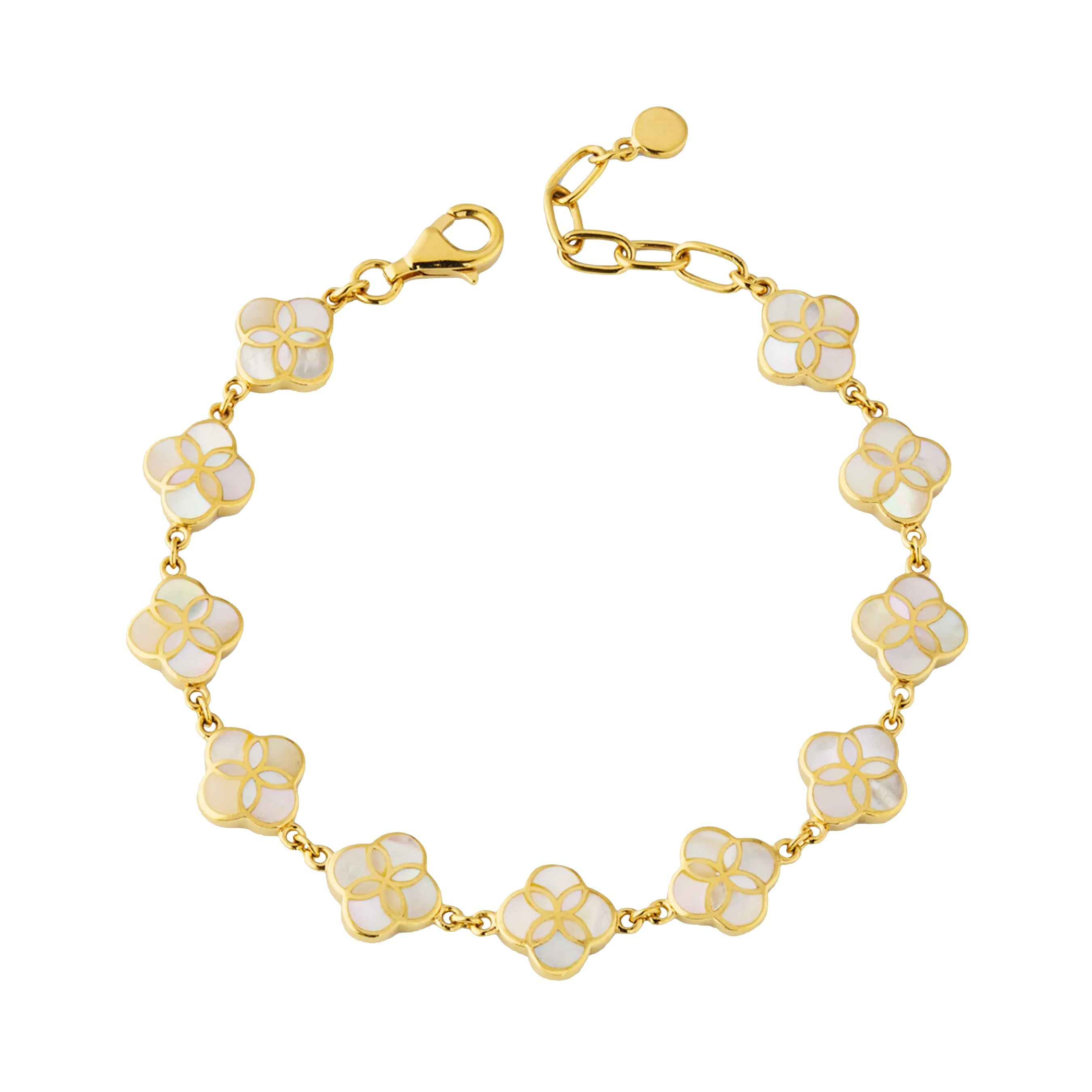  gold vermeil sterling silver multi-station white mother of pearl floral lattice quatrefoil bracelet showing iridescent shell inlay petal stations, rolo chain links, and gold lobster clasp with paperclip extender, Jan Leslie 