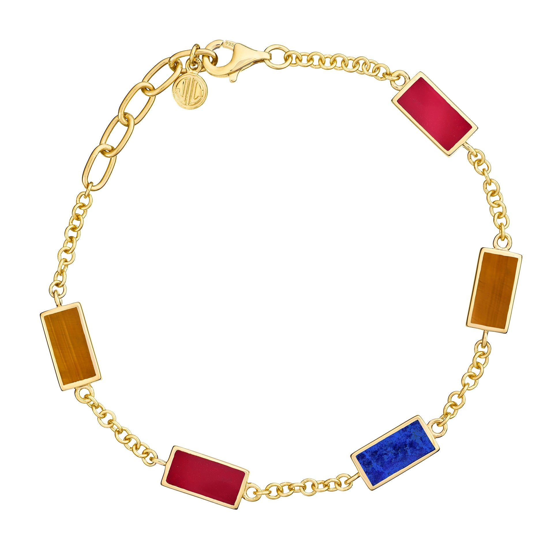 Gold vermeil five-station bracelet with carnelian, lapis lazuli, and tiger's eye rectangular gemstone bezels by Jan Leslie.