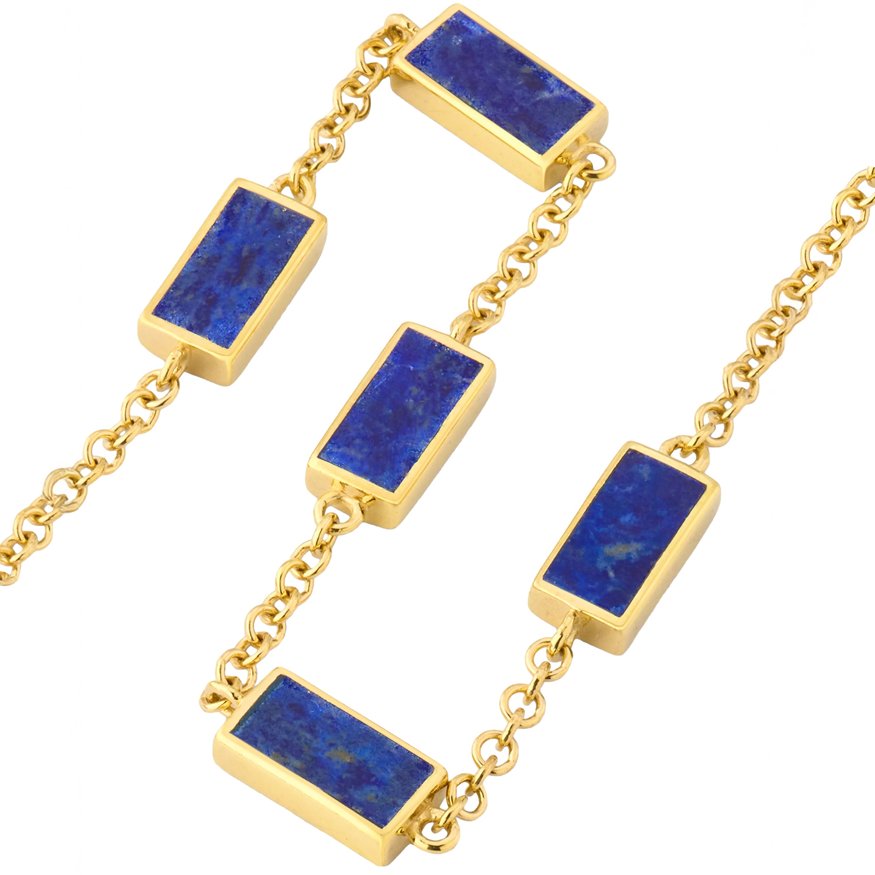  Gold vermeil five-station lapis lazuli rectangle bracelet detail showing bezel settings and rolo chain links by Jan Leslie.