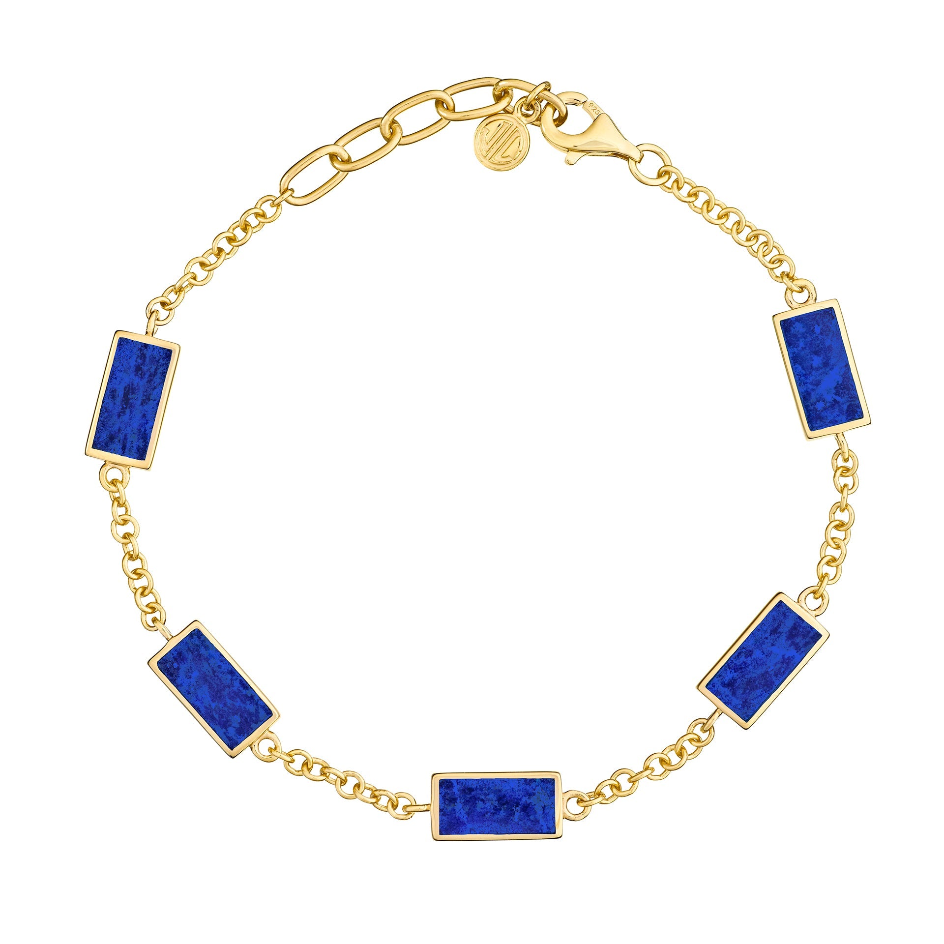  Gold vermeil five-station lapis lazuli rectangle bezel bracelet on rolo chain with lobster clasp and Jan Leslie charm by Jan Leslie.