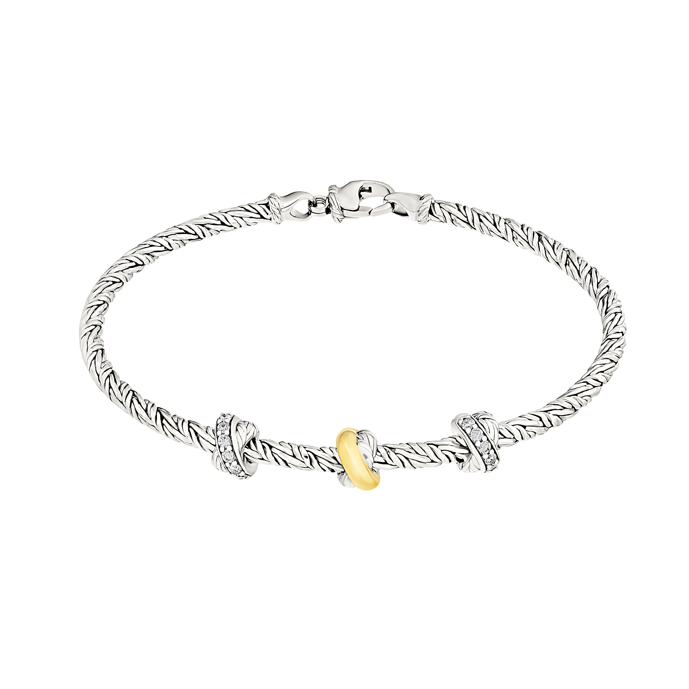 Braided sterling silver bracelet with pavé white topaz rondelle stations and a gold vermeil accent bead.