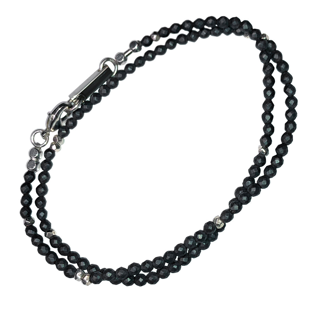 Top view of Dark Grey Pyrite Bead Wrap Bracelet on white background. 