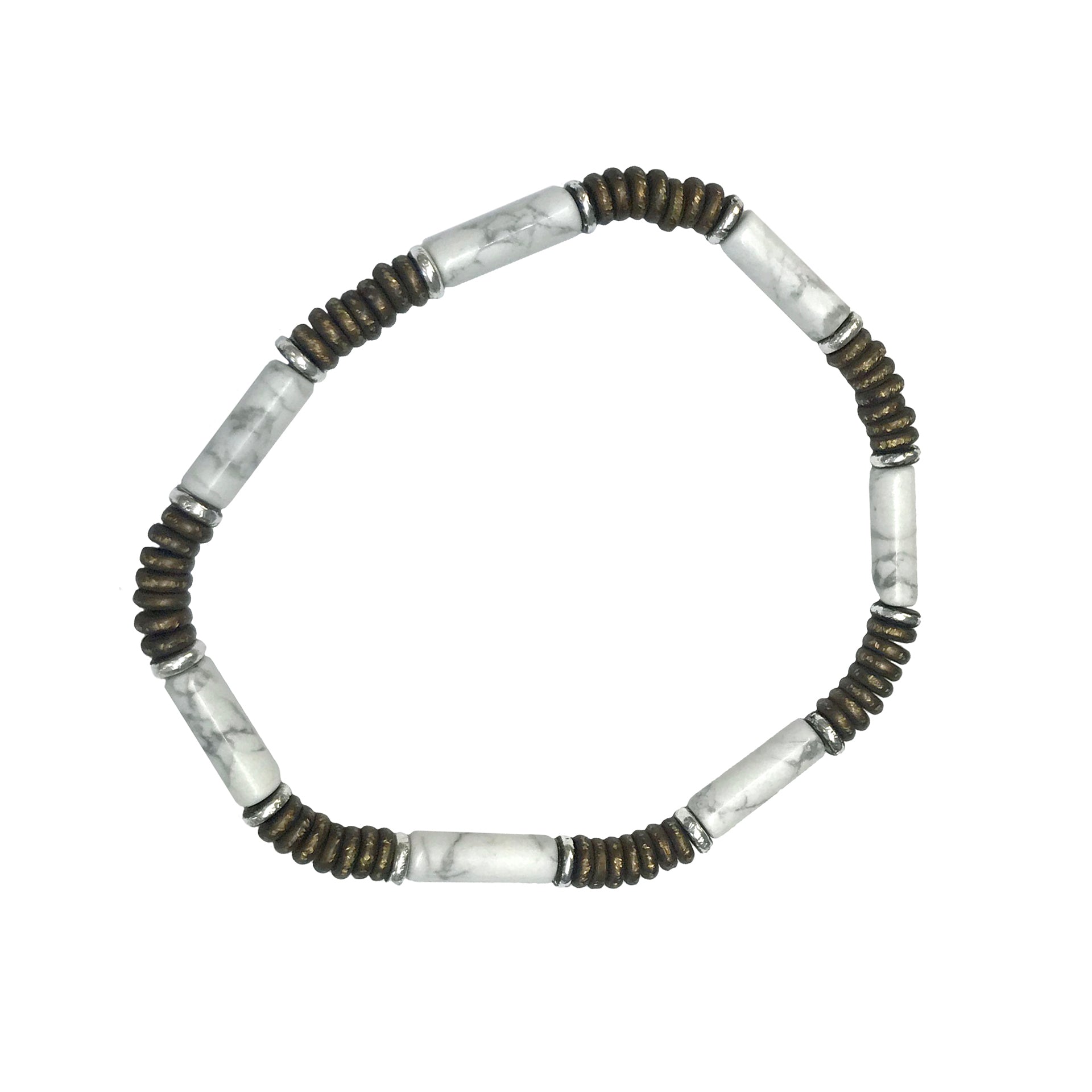 Men's stretch bracelet with white howlite tube beads, dark bronze disc heishi beads, and silver accent rings.