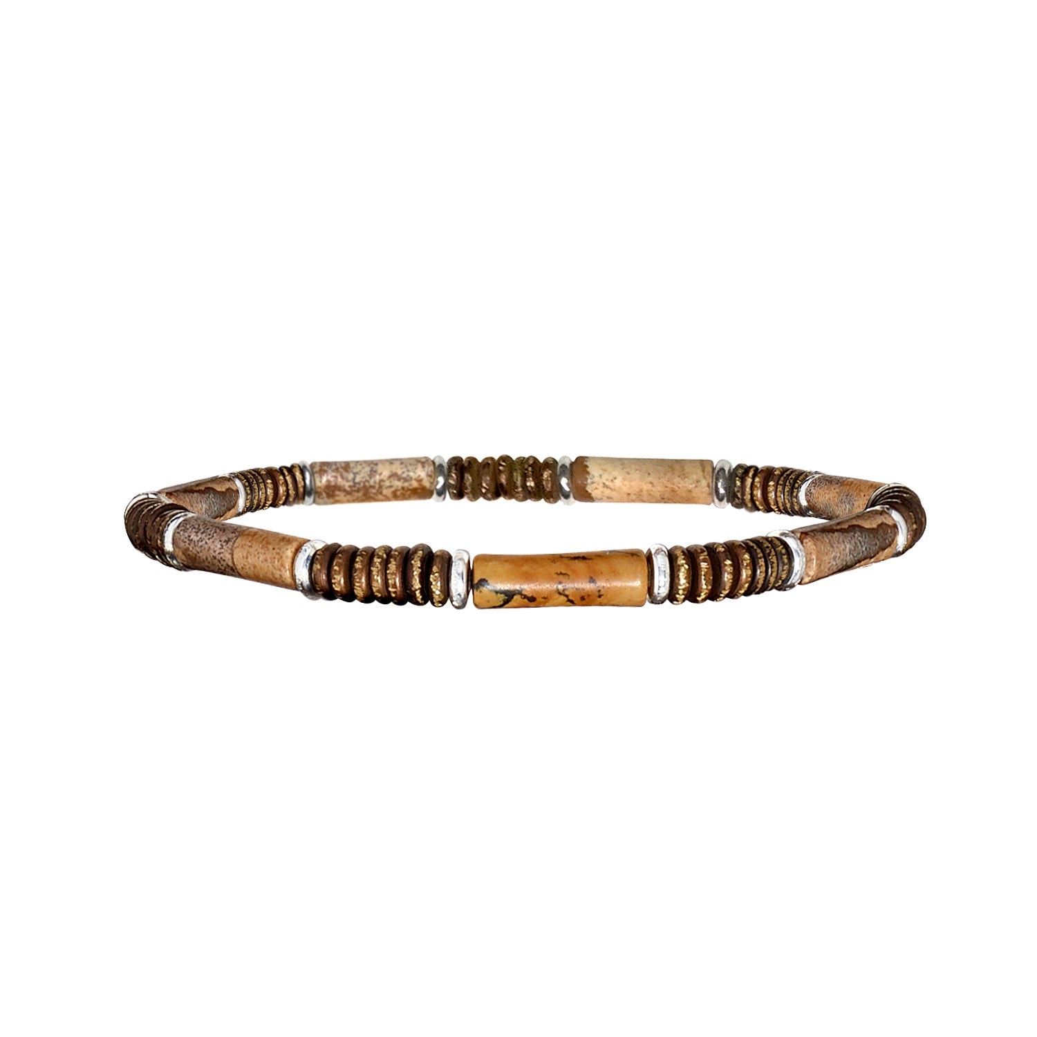 Men's stretch bracelet with brown picture jasper tube beads, bronze disc heishi beads, and silver accent rings.