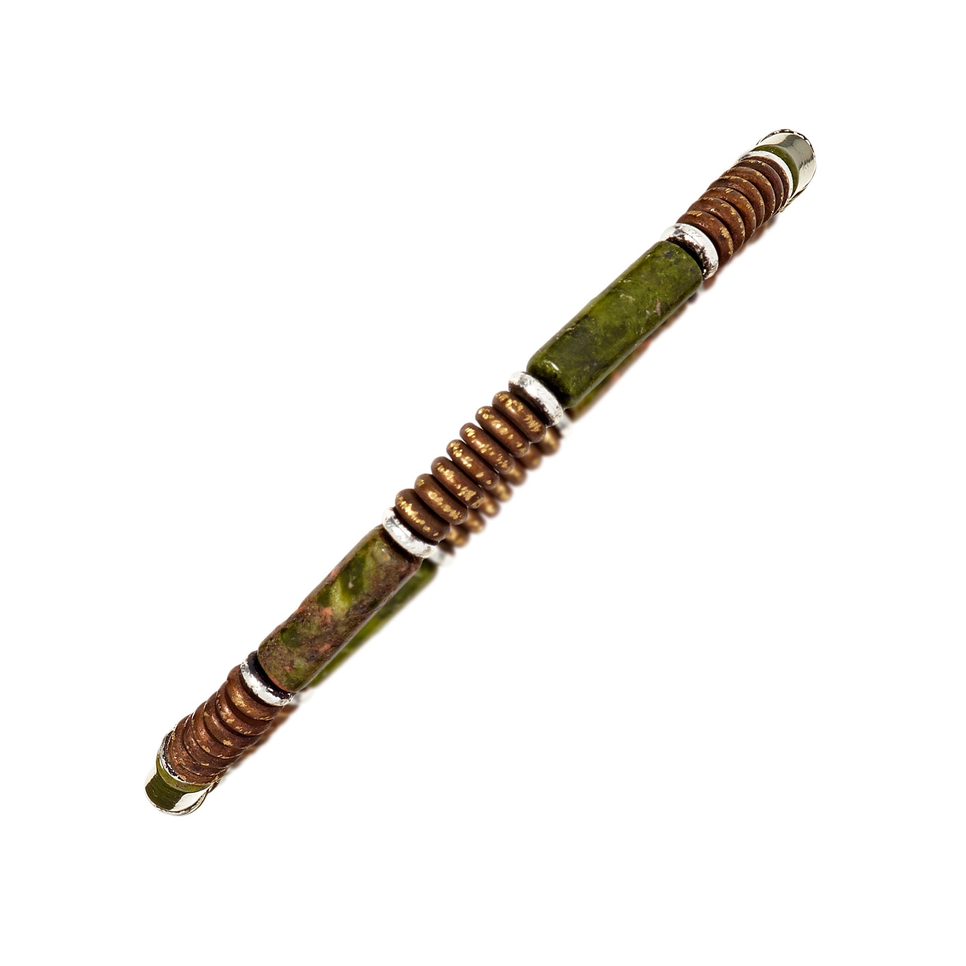 Men's green unakite stone and bronze disc heishi bead bar bracelet with silver accent rings.