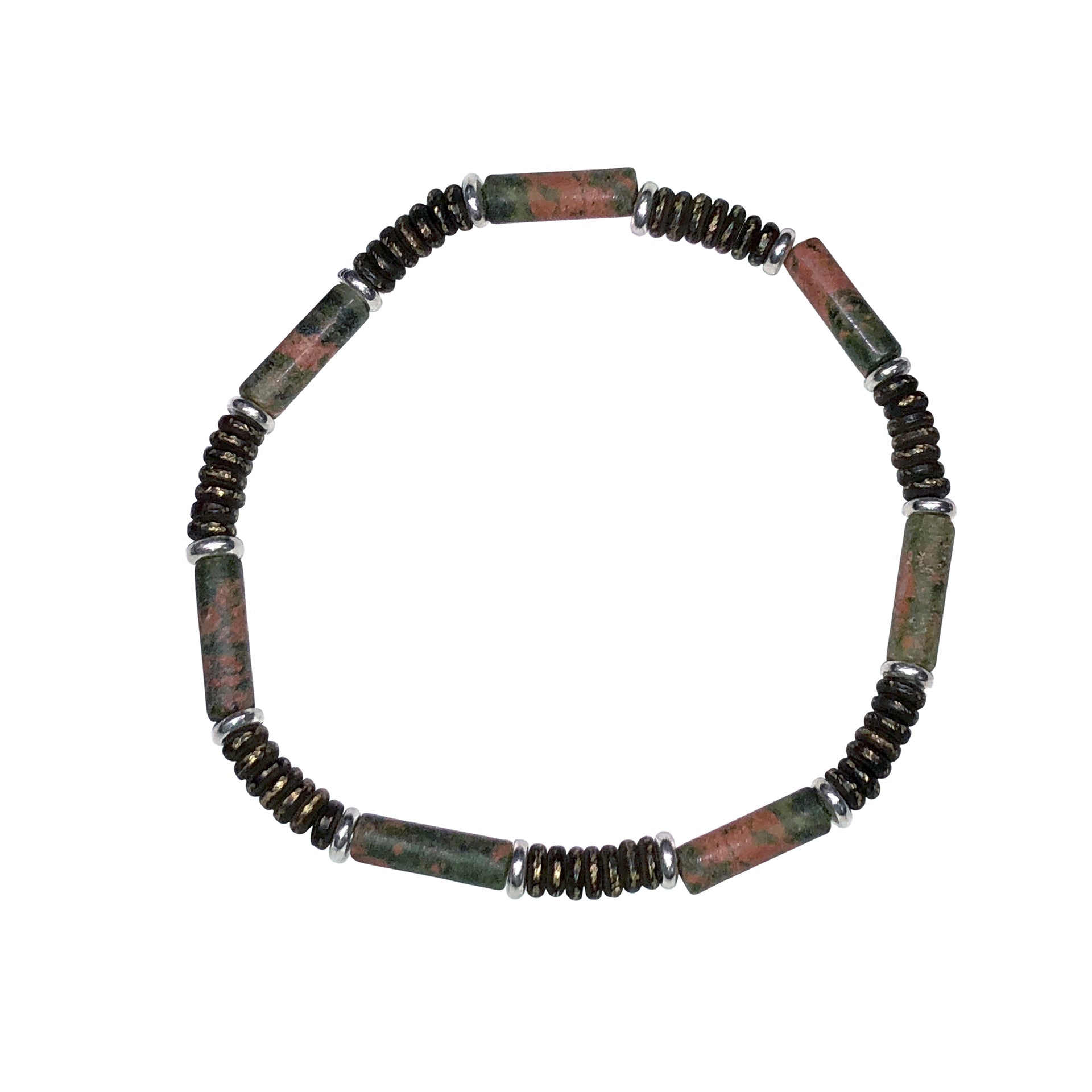 Men's stretch bracelet with unakite tube beads, dark hematite disc heishi beads, and silver accent rings.