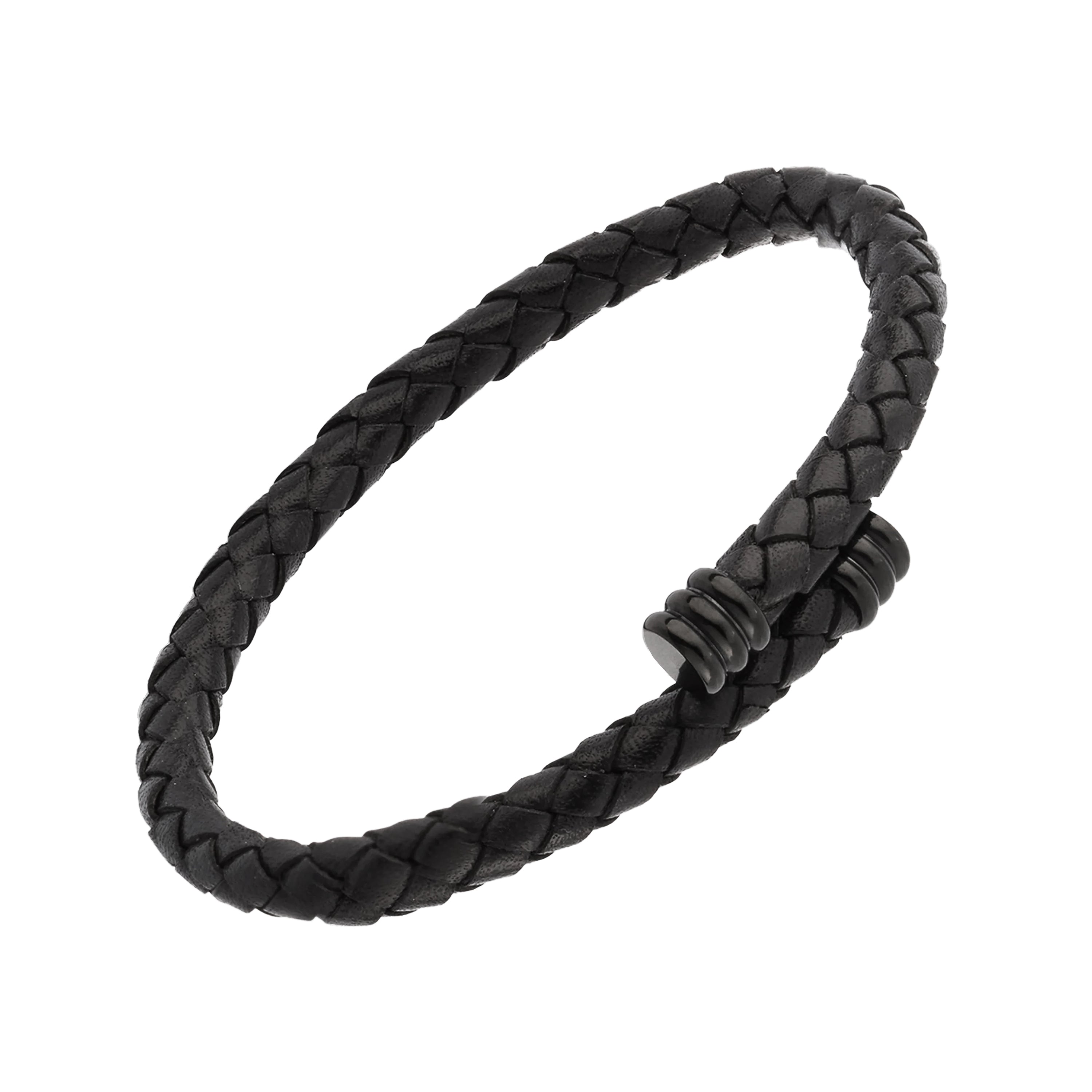 Black Braided Leather Cuff Bracelet with Matte Black Clasp