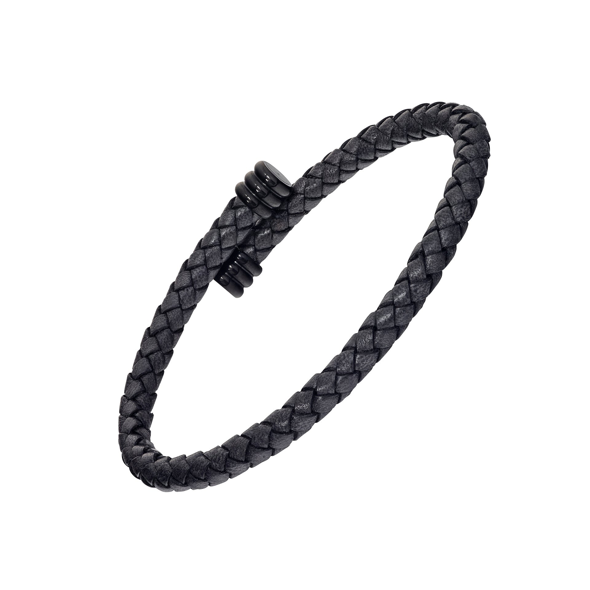 Men's grey braided leather cuff bracelet with matte black magnetic clasp — Jan Leslie