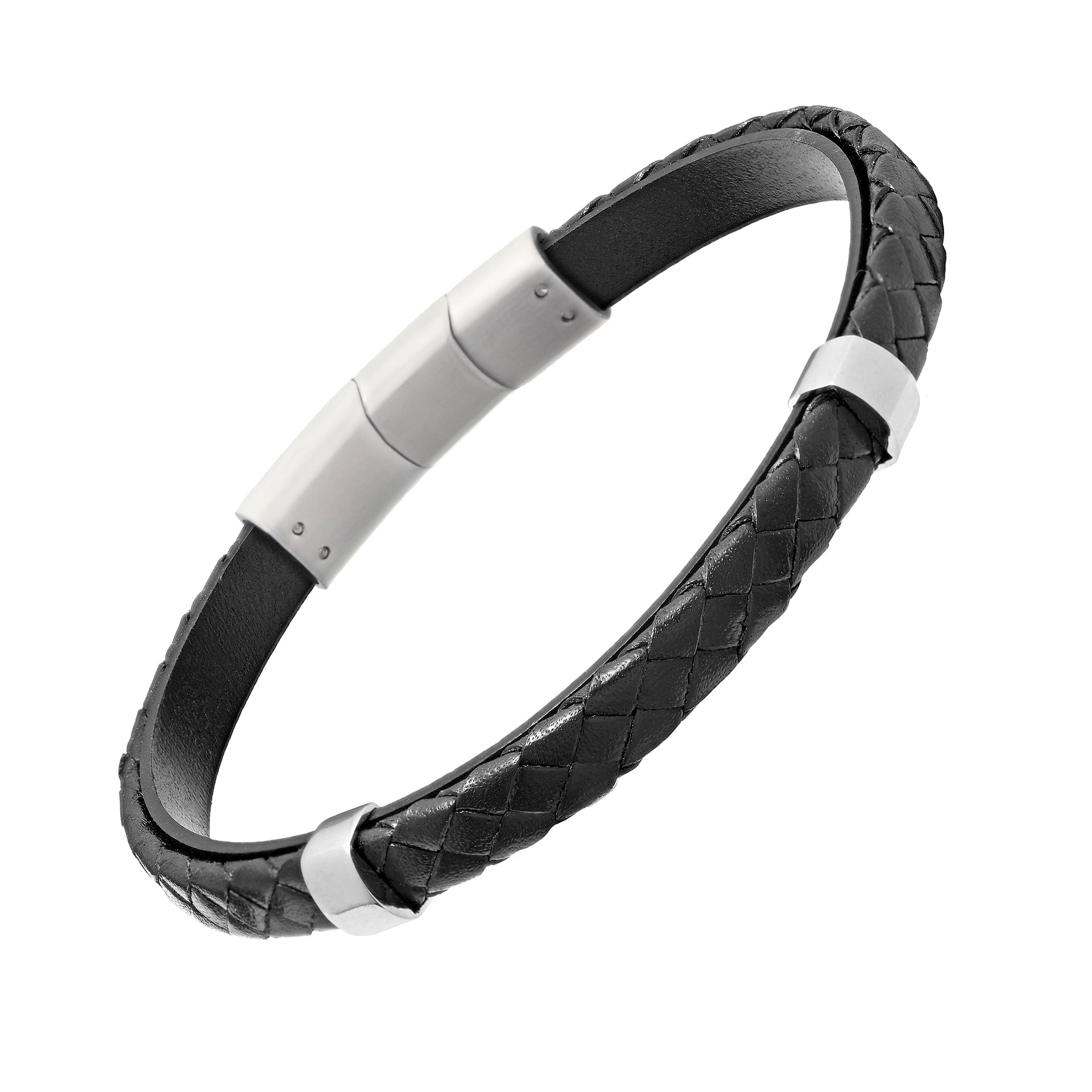 Braided Leather Bracelet with Stainless Steel Detail