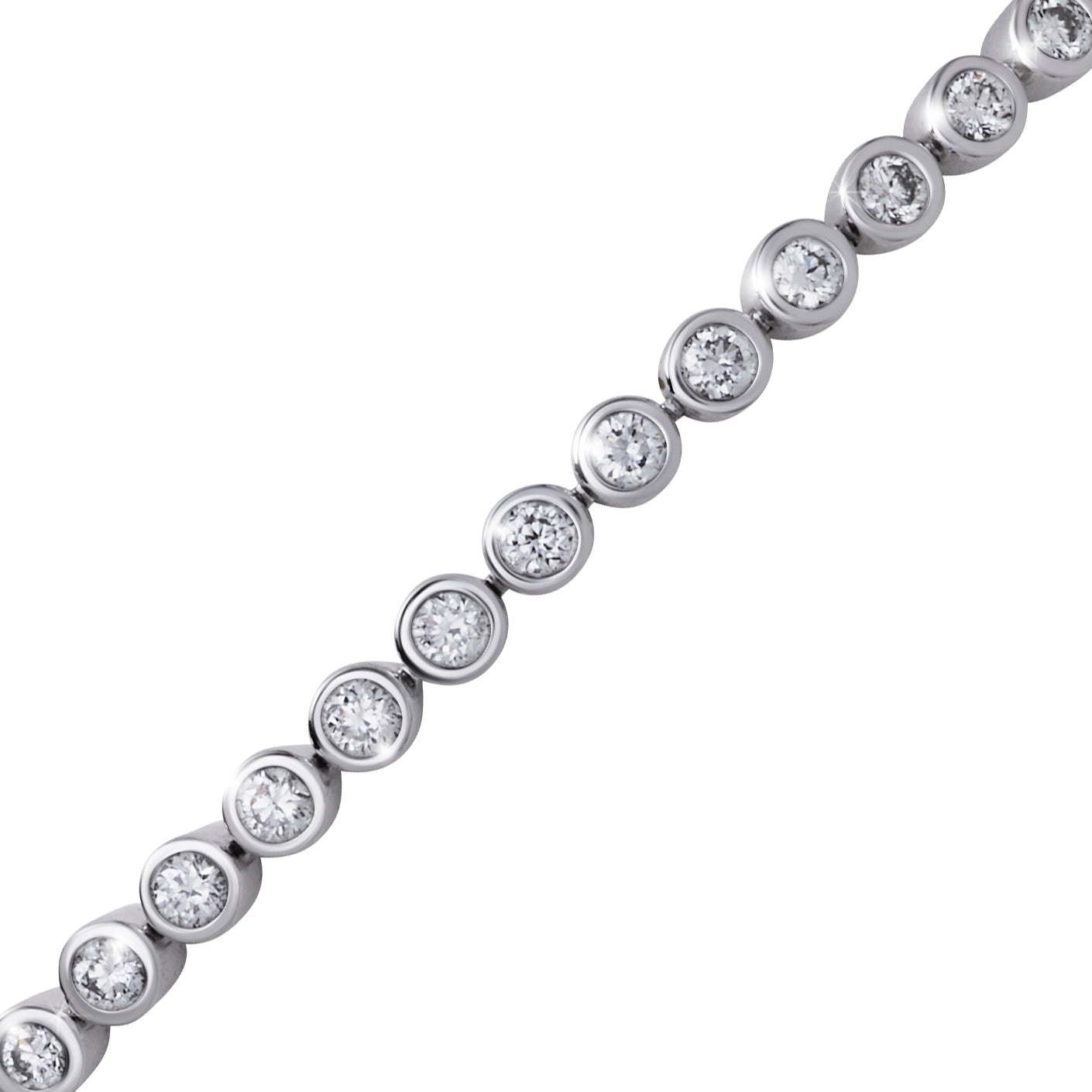  Sterling silver bezel-set white topaz tennis bracelet close-up showing round bezel-set white topaz stones and polished silver bezel detail by Jan Leslie