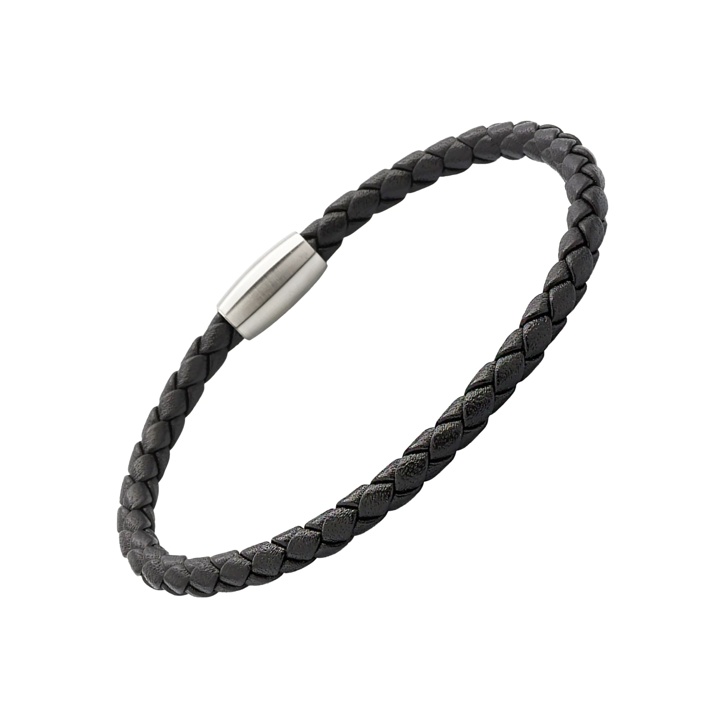 Black braided leather bracelet with silver magnetic clasp