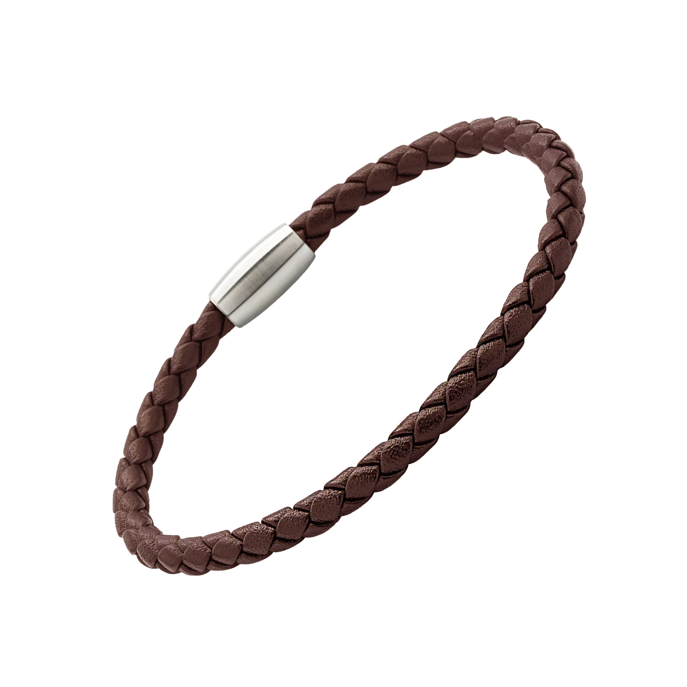 Brown braided leather bracelet with a silver clasp 