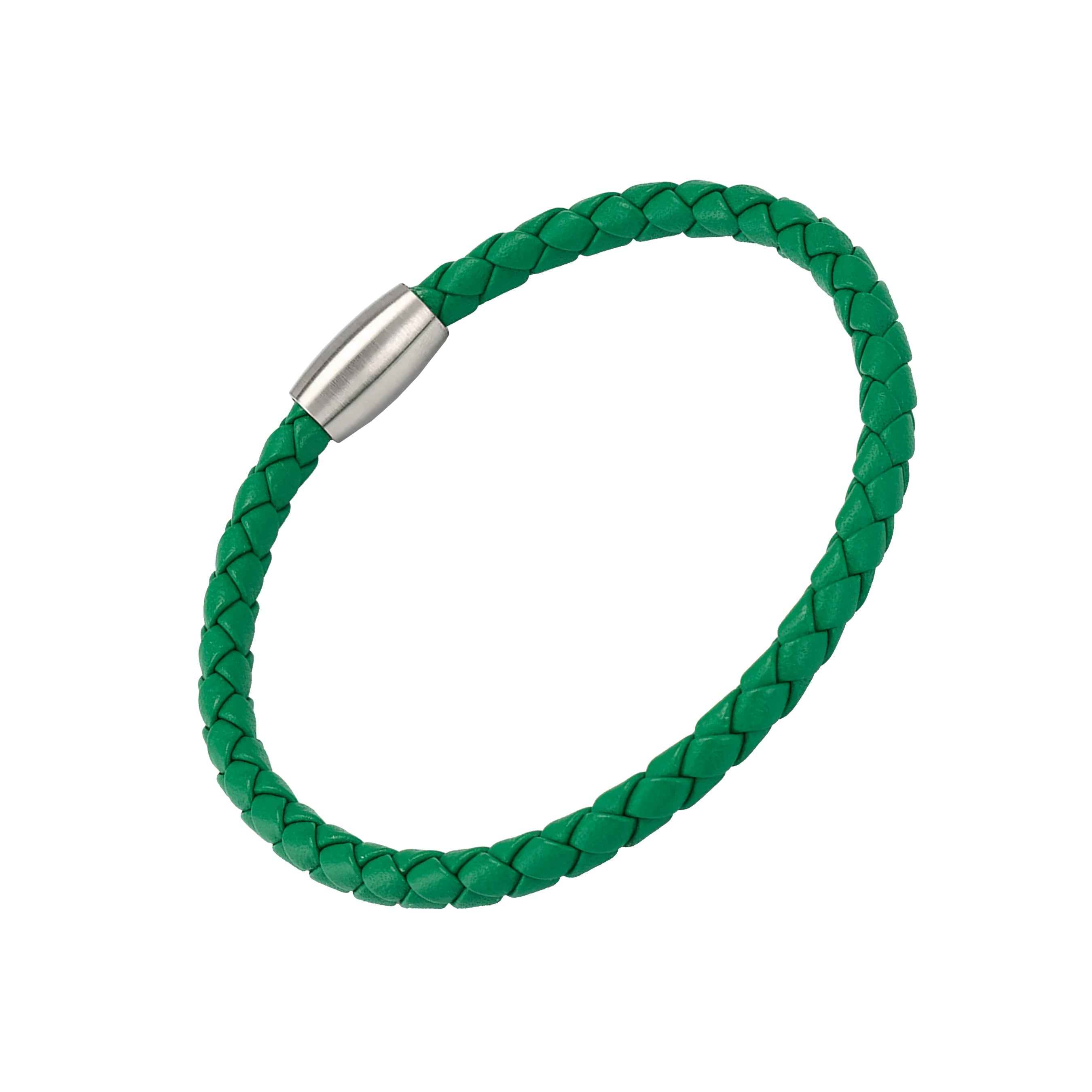 Green braided leather bracelet with silver magnetic clasp