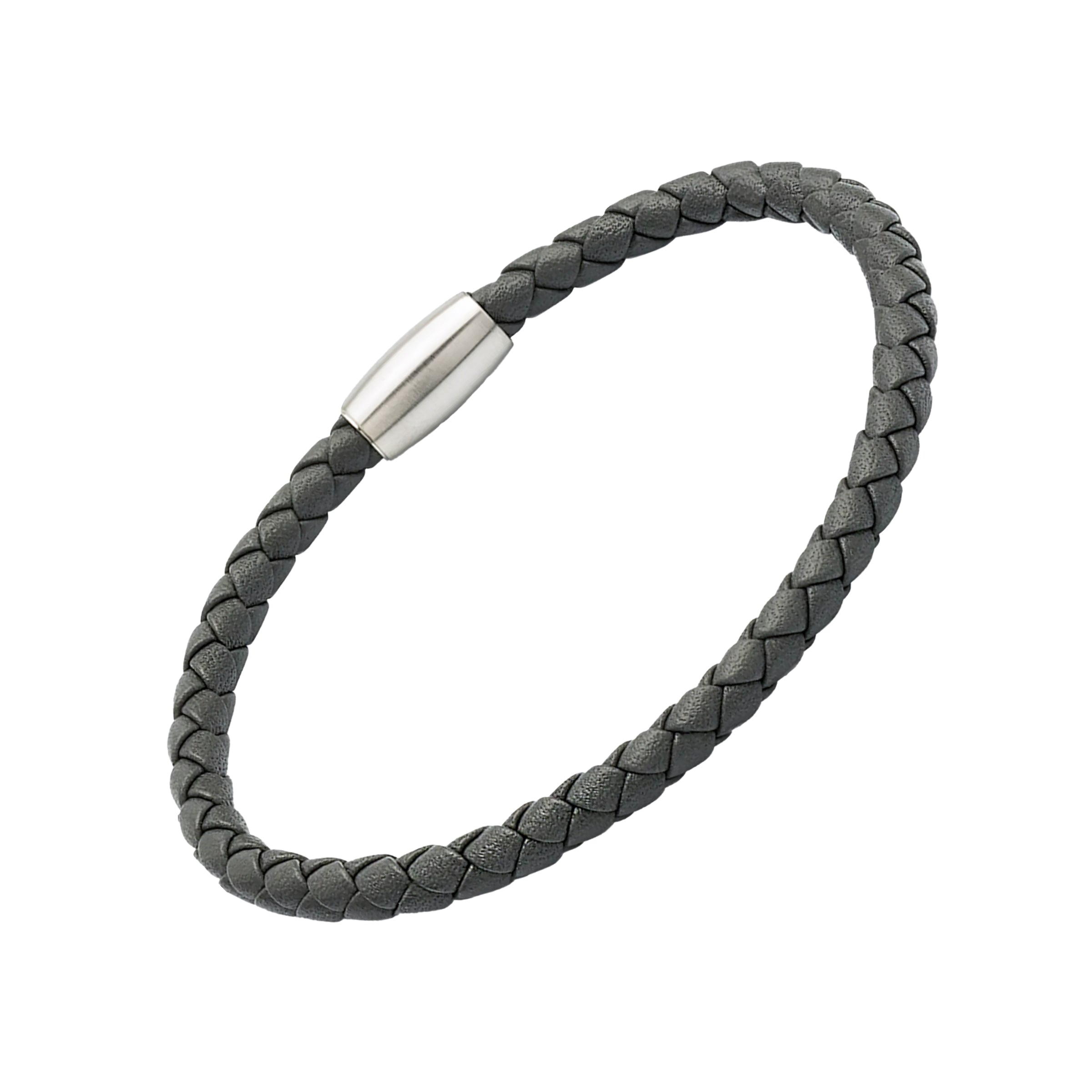 Gray braided leather bracelet with a silver clasp 