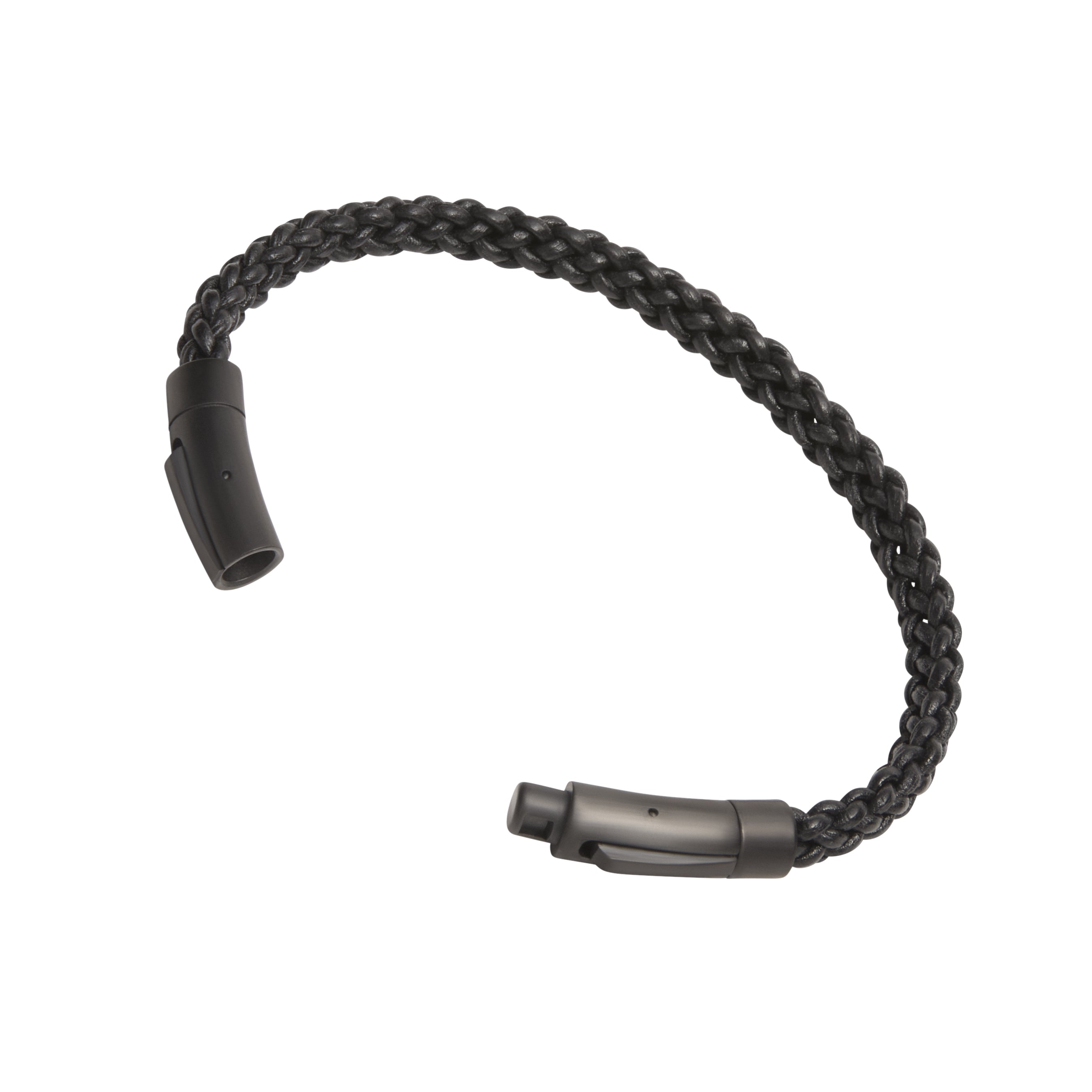 Open view of double-strand black braided leather bracelet showing gunmetal bayonet twist-lock clasp ends, luxury men's leather jewelry.