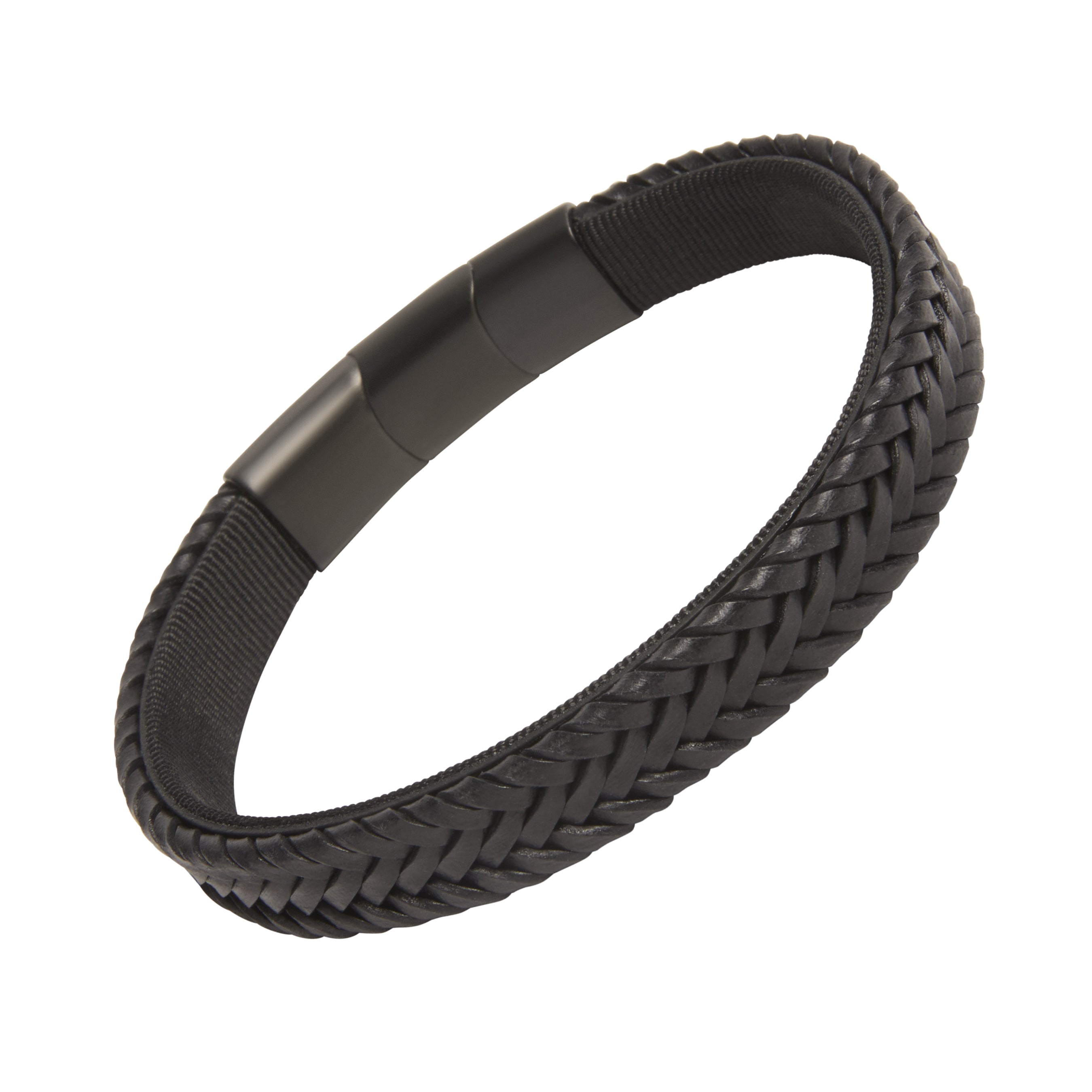 Wide flat-weave black leather bracelet with a matte black stainless steel magnetic clasp.