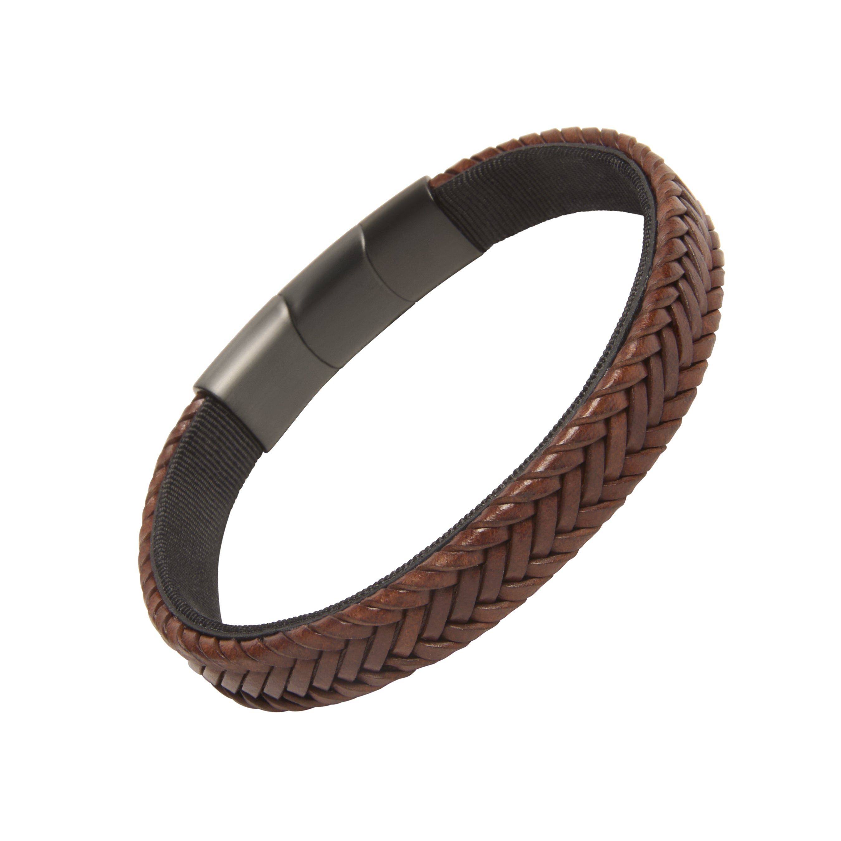 Wide brown herringbone-woven leather bracelet with a gunmetal magnetic clasp.
