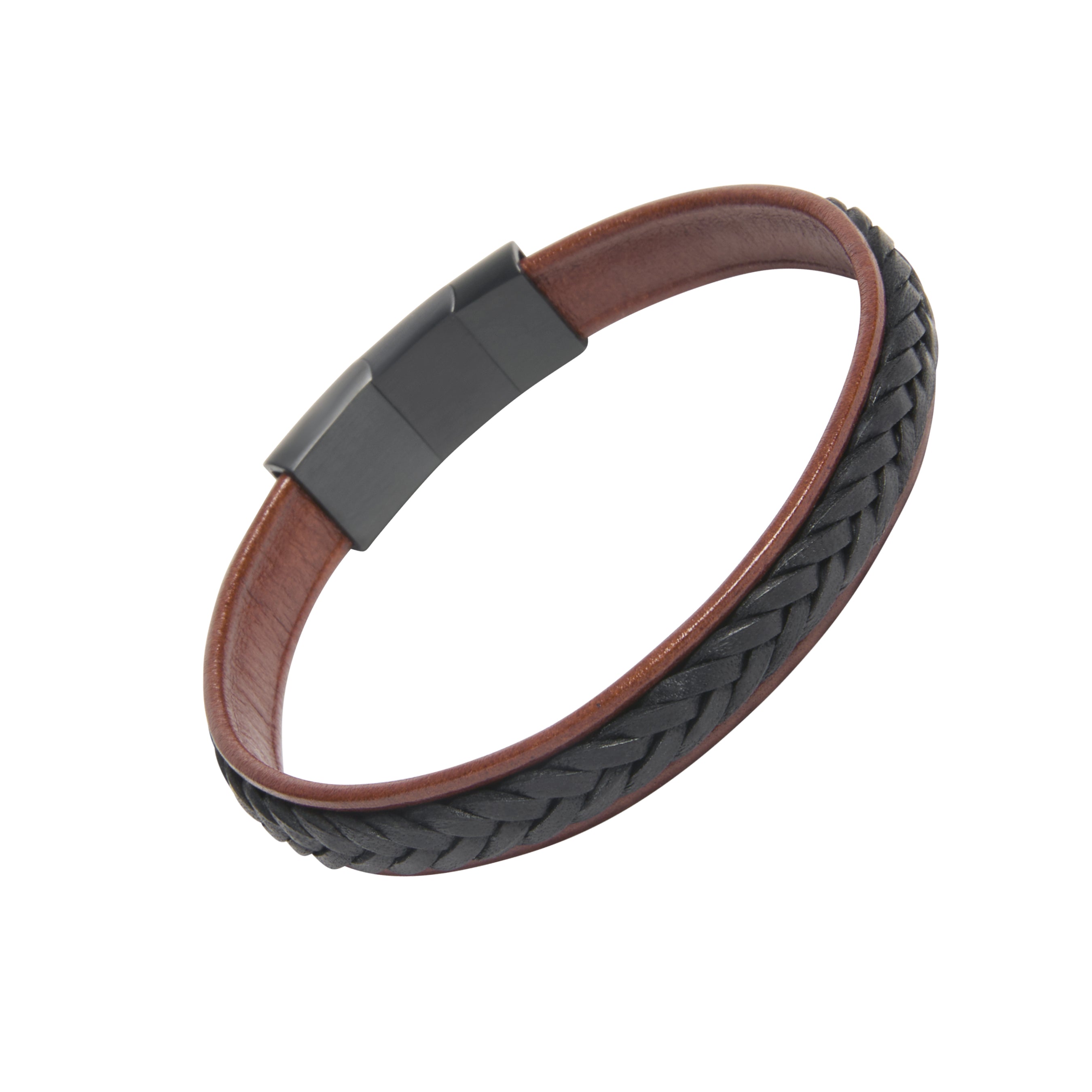 Brown leather flat cuff bracelet with black braided center stripe and gunmetal magnetic clasp closure, luxury men's leather jewelry.