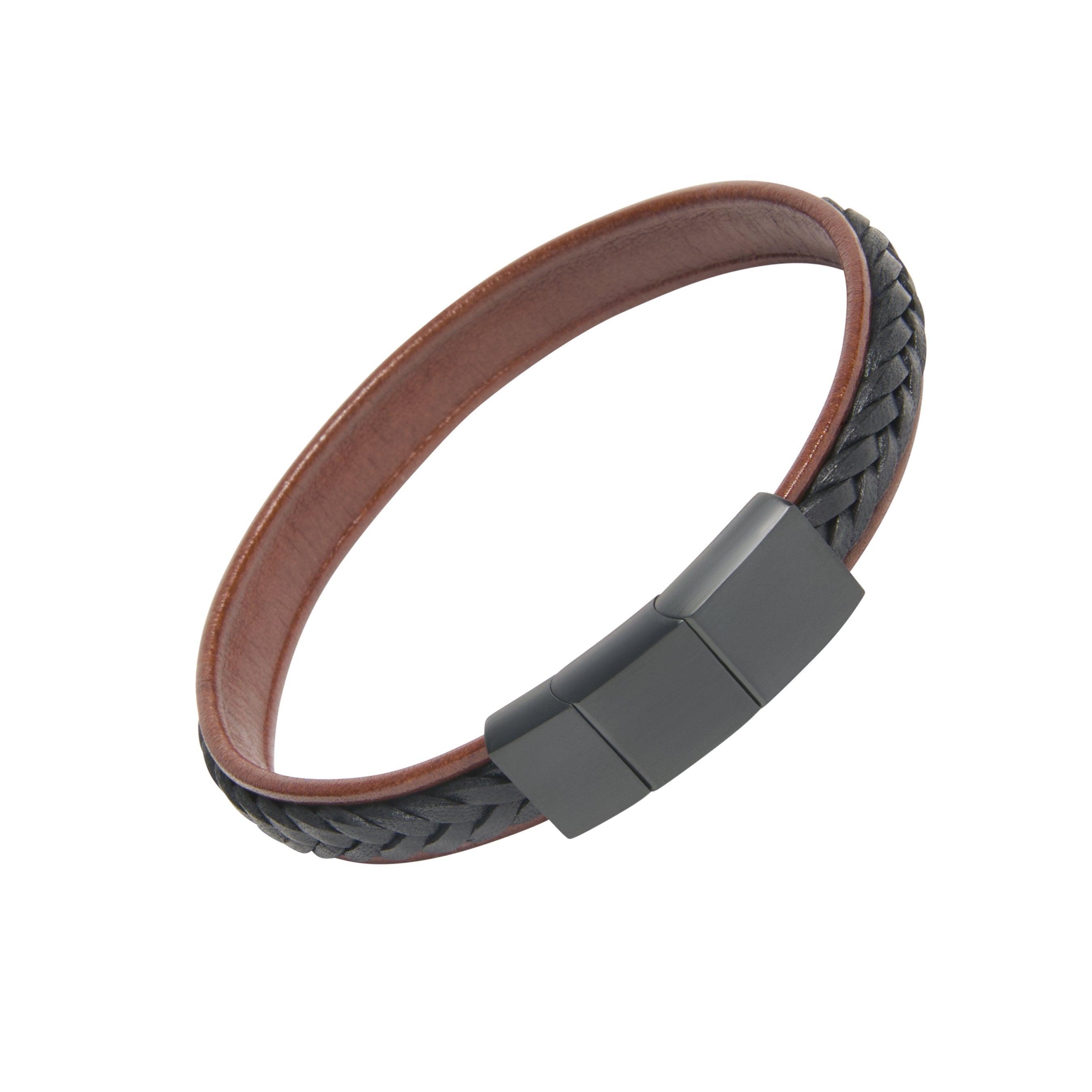 Close-up of gunmetal magnetic clasp on brown leather flat cuff bracelet with black braided edge detail, luxury men's leather jewelry.