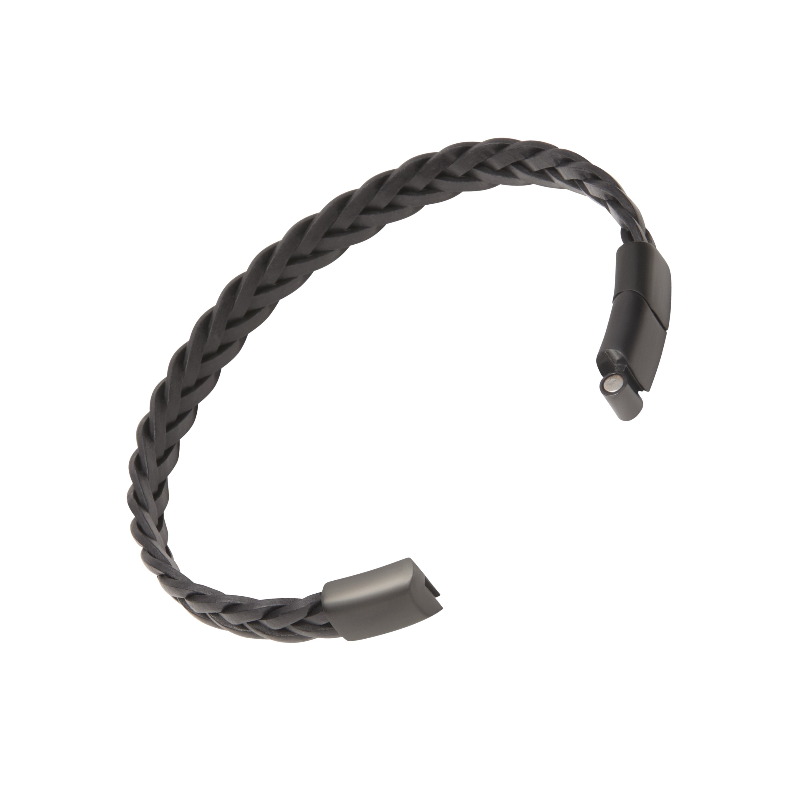 Open view of wide black braided leather cuff bracelet showing gunmetal flat magnetic snap clasp ends and herringbone weave.