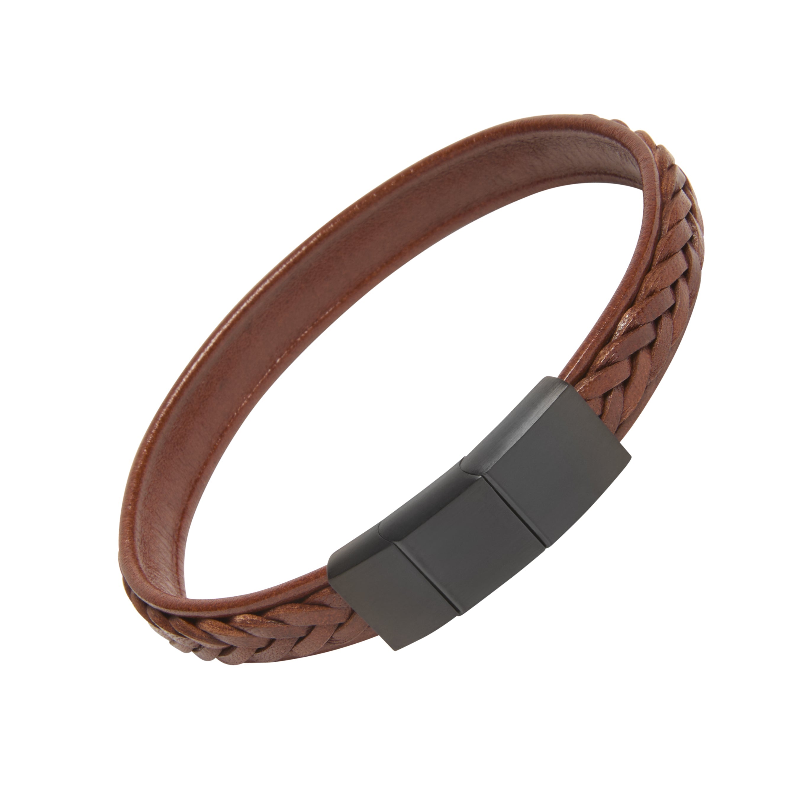 Wide brown leather flat cuff bracelet with dual braided edge panels and matte gunmetal rectangular magnetic clasp.
