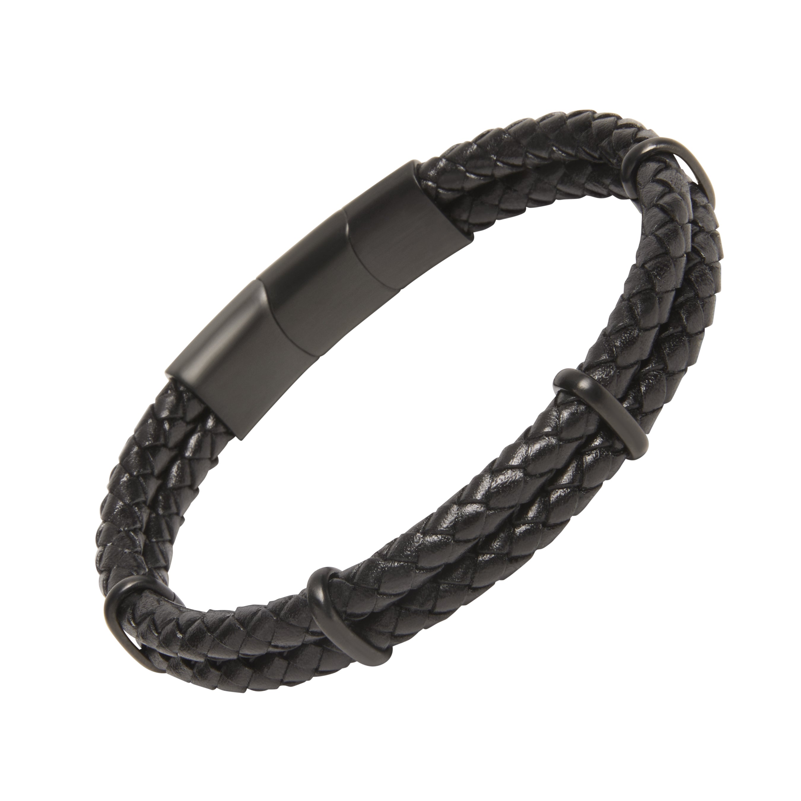 Double-strand braided black leather bracelet with a matte black stainless steel magnetic clasp.