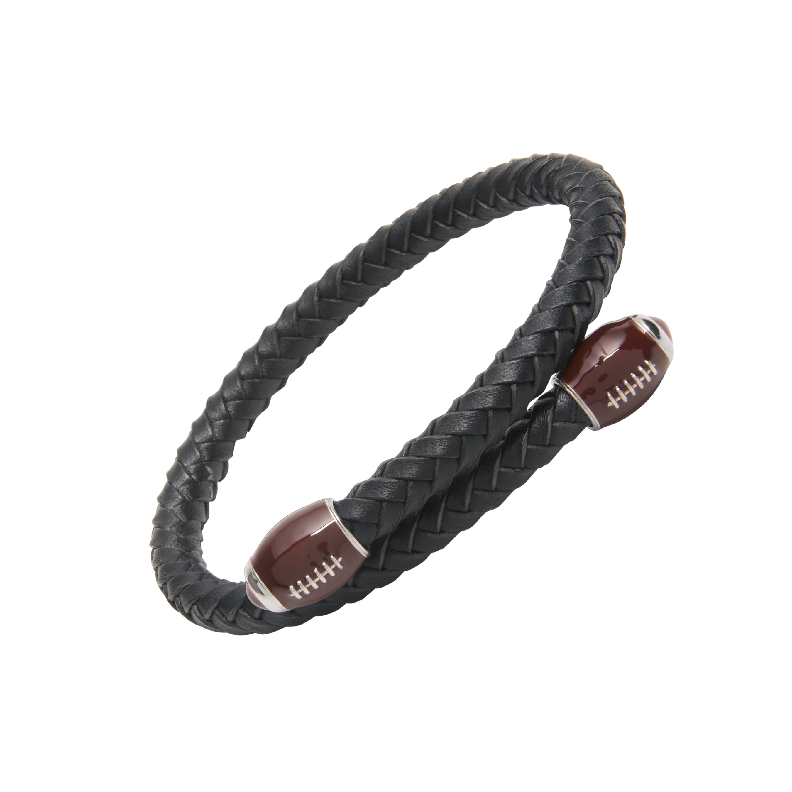 Black braided leather wrap bracelet with sterling silver-rimmed brown enamel football end caps.