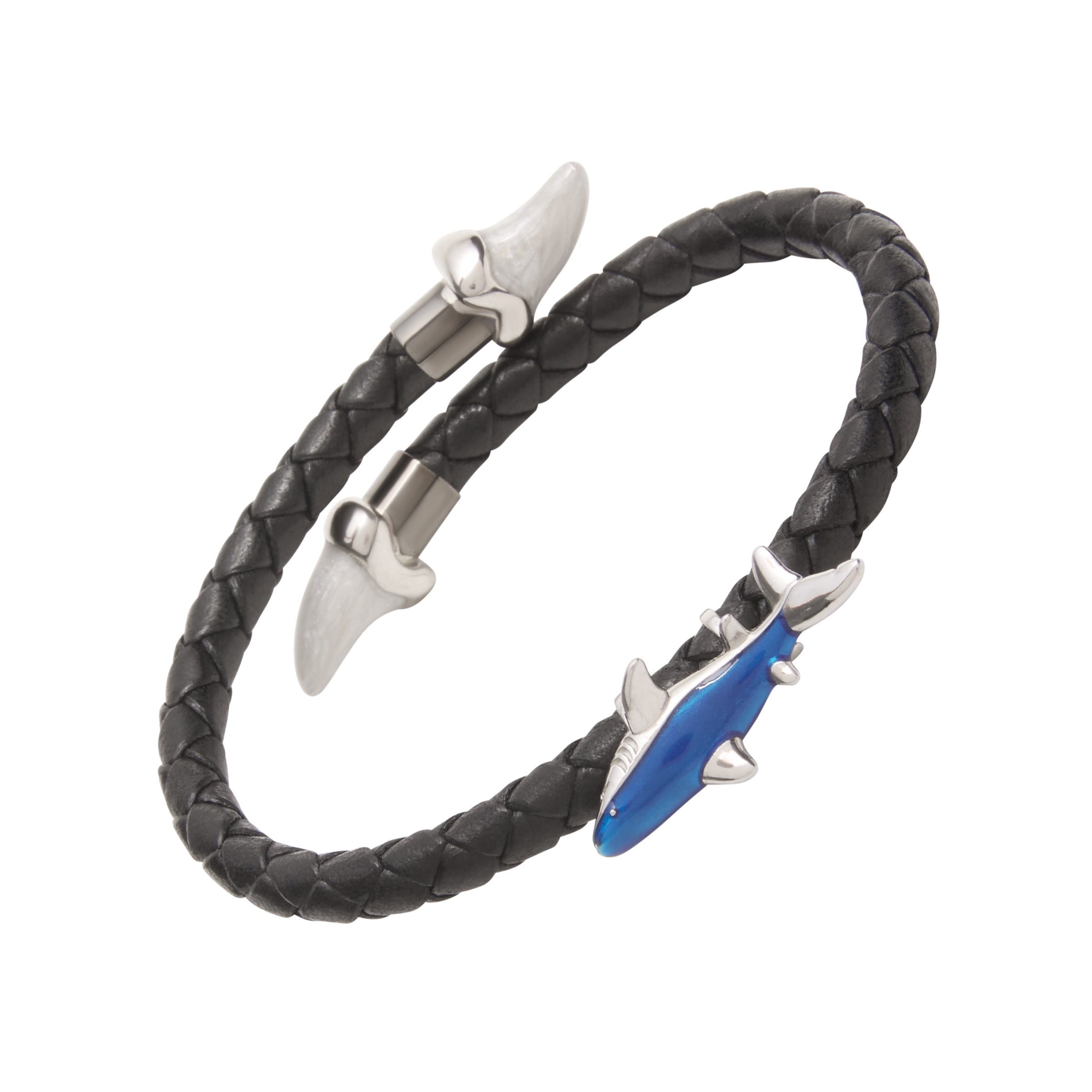 Black braided leather wrap cuff bracelet with blue enamel shark body charm and silver shark tooth end caps, luxury nautical men's jewelry.