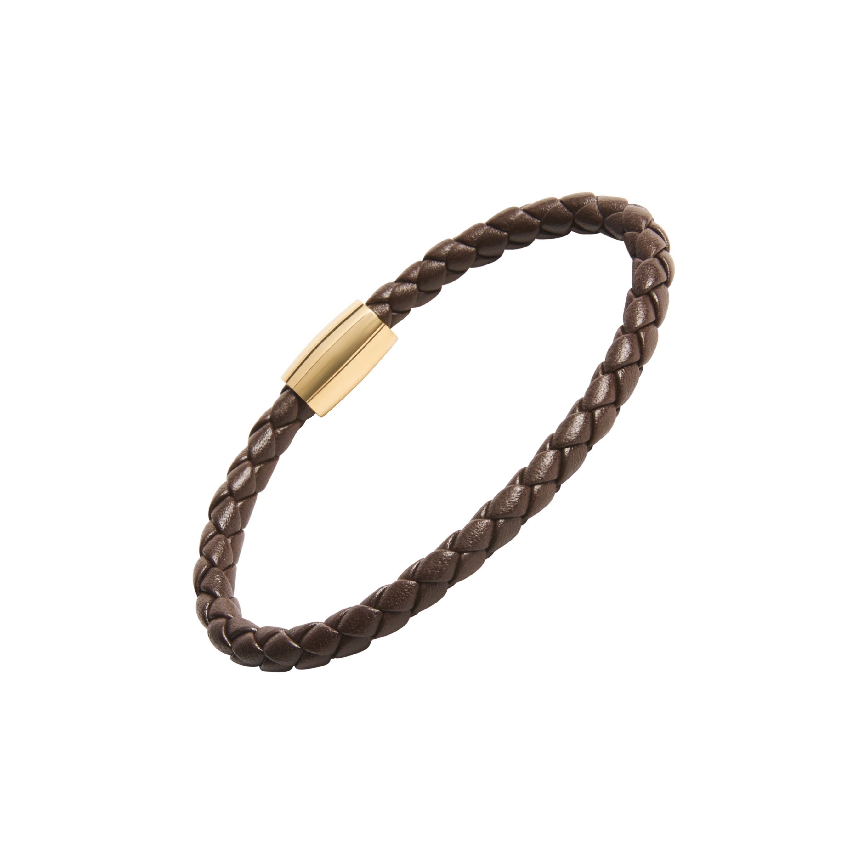 "Dark brown braided leather bracelet with gold cylindrical magnetic clasp.