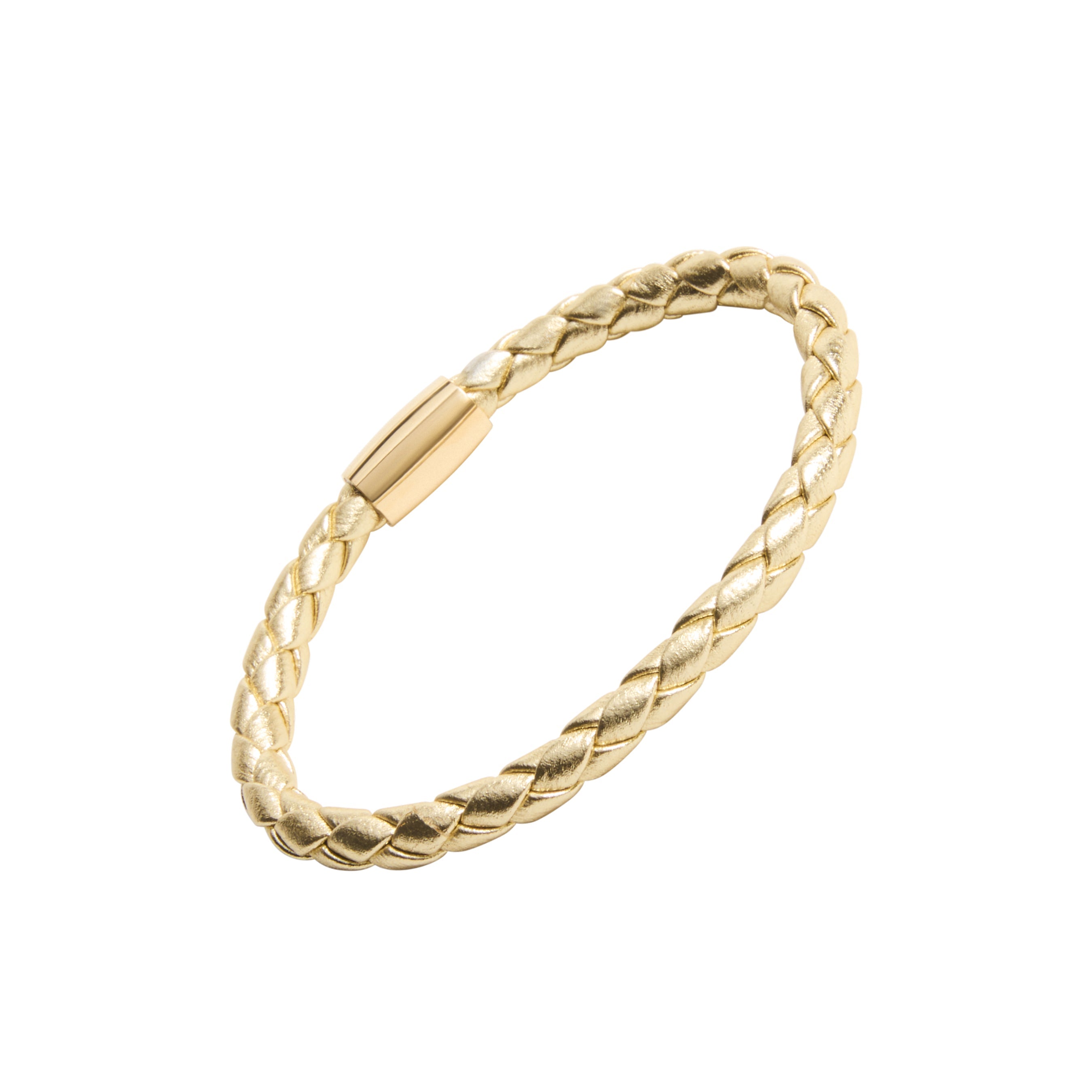 Metallic gold braided leather bracelet with gold magnetic barrel clasp closed showing full silhouette by Jan Leslie.