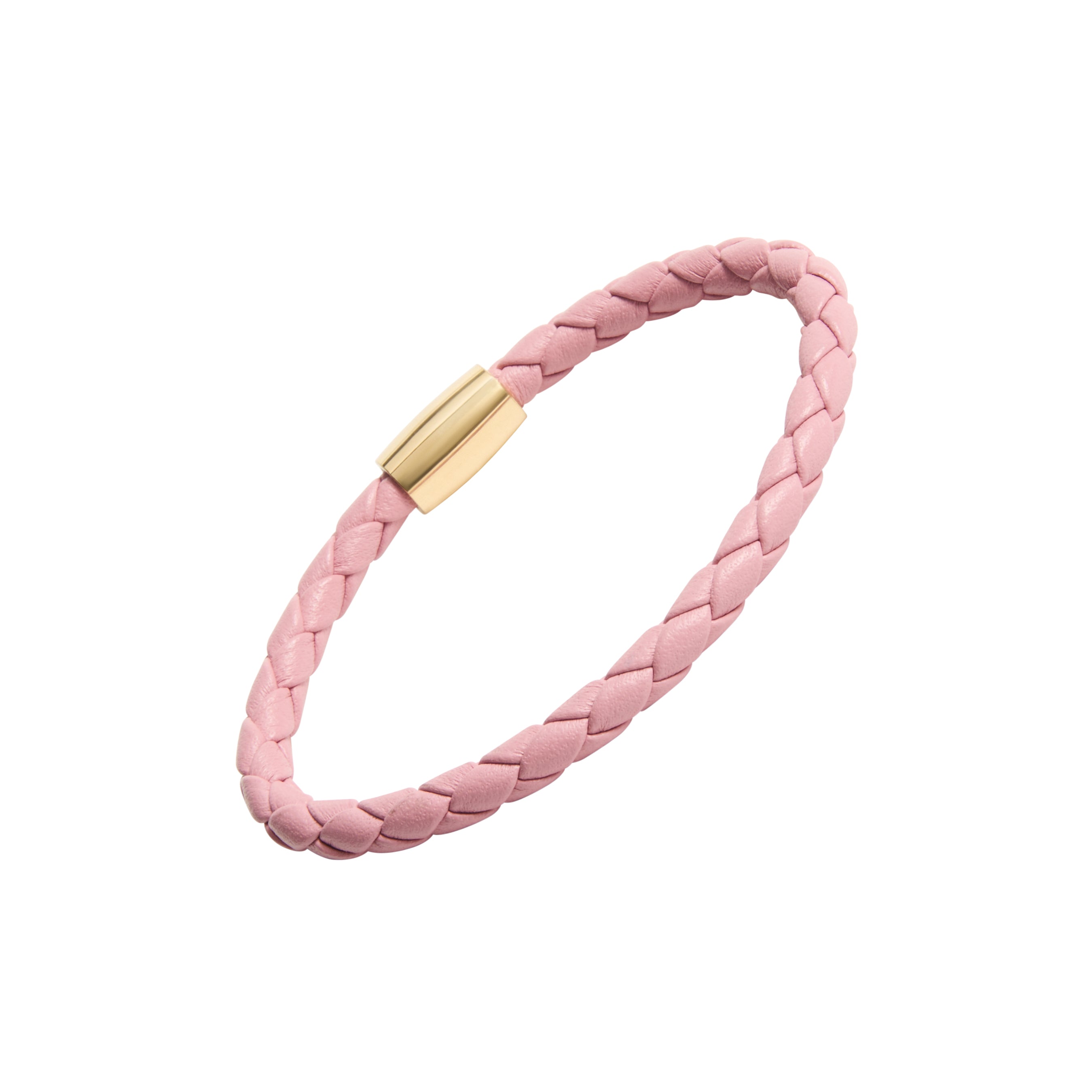 Light pink braided leather bracelet with gold cylindrical magnetic clasp.