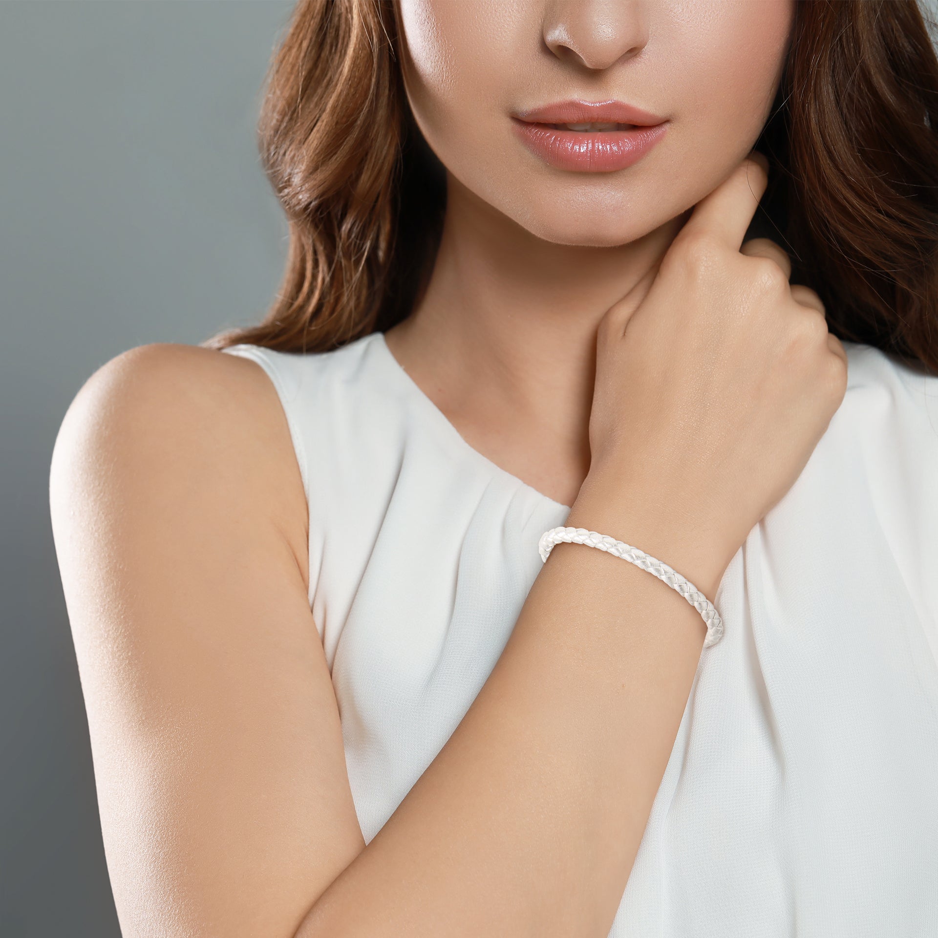 Cream White Braided Leather Bracelet with Silver Magnetic Clasp | Jan Leslie.