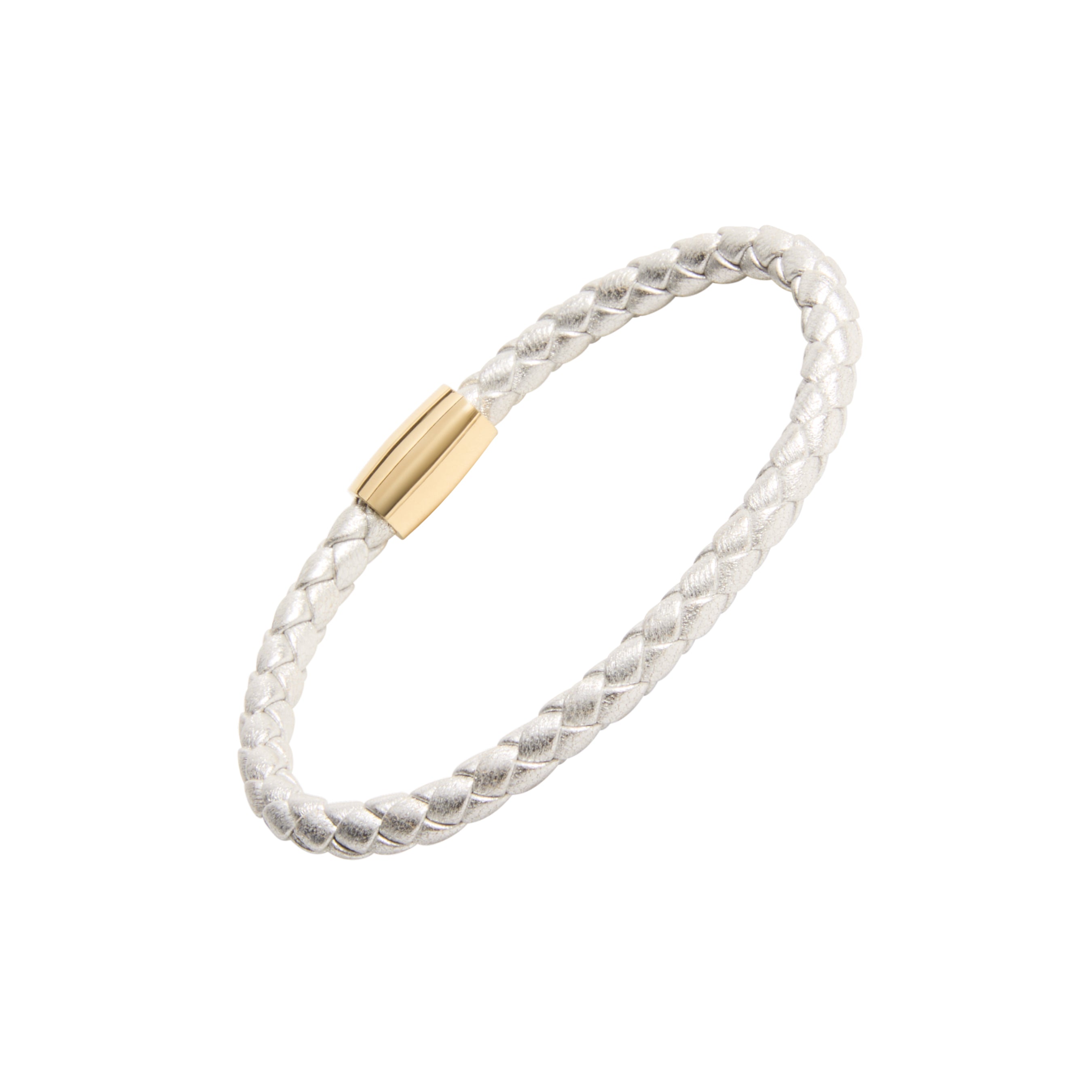  Metallic gold braided leather bracelet with gold magnetic barrel clasp open showing full silhouette and clasp detail by Jan Leslie