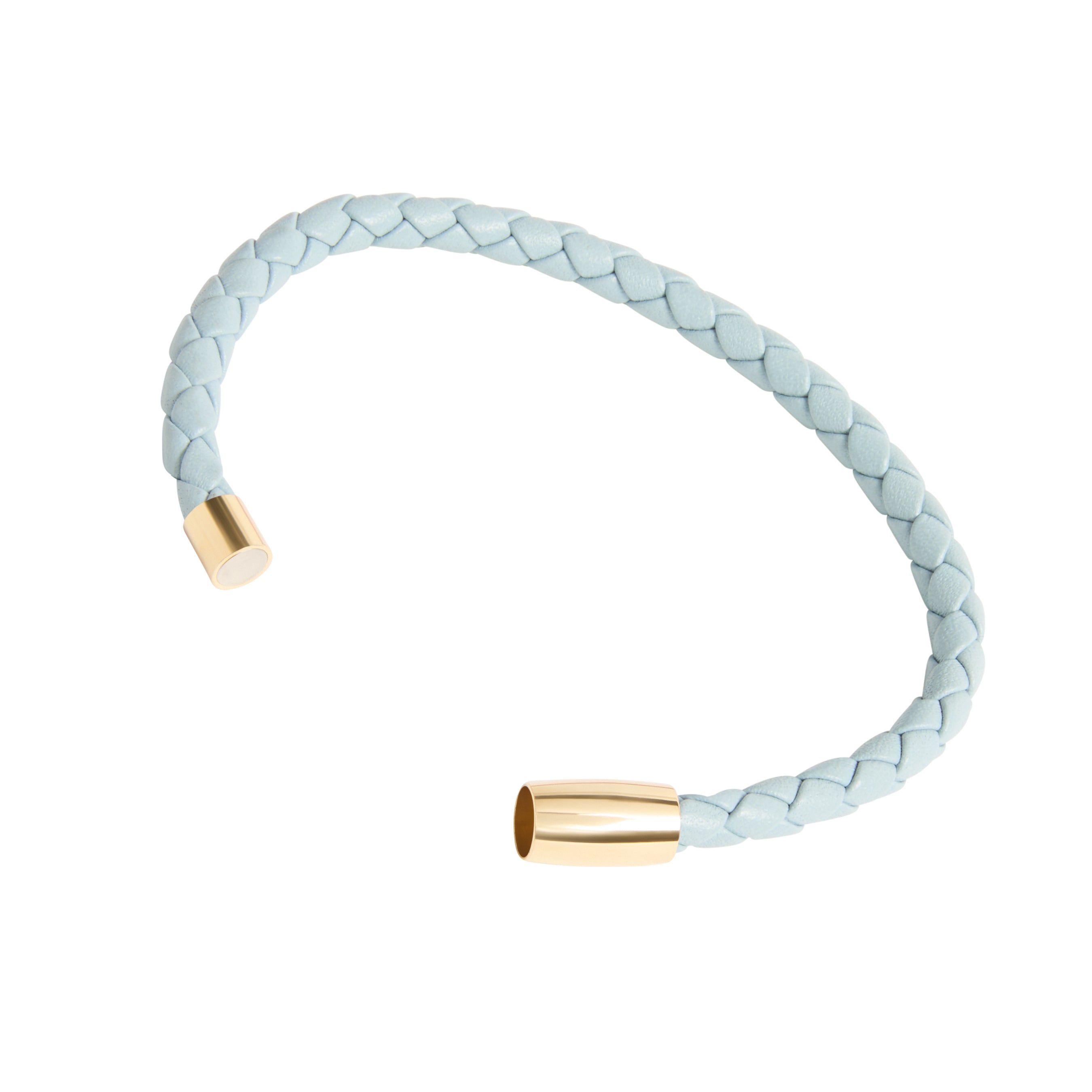 Sky blue braided leather bracelet with gold magnetic barrel clasp open showing clasp detail by Jan Leslie