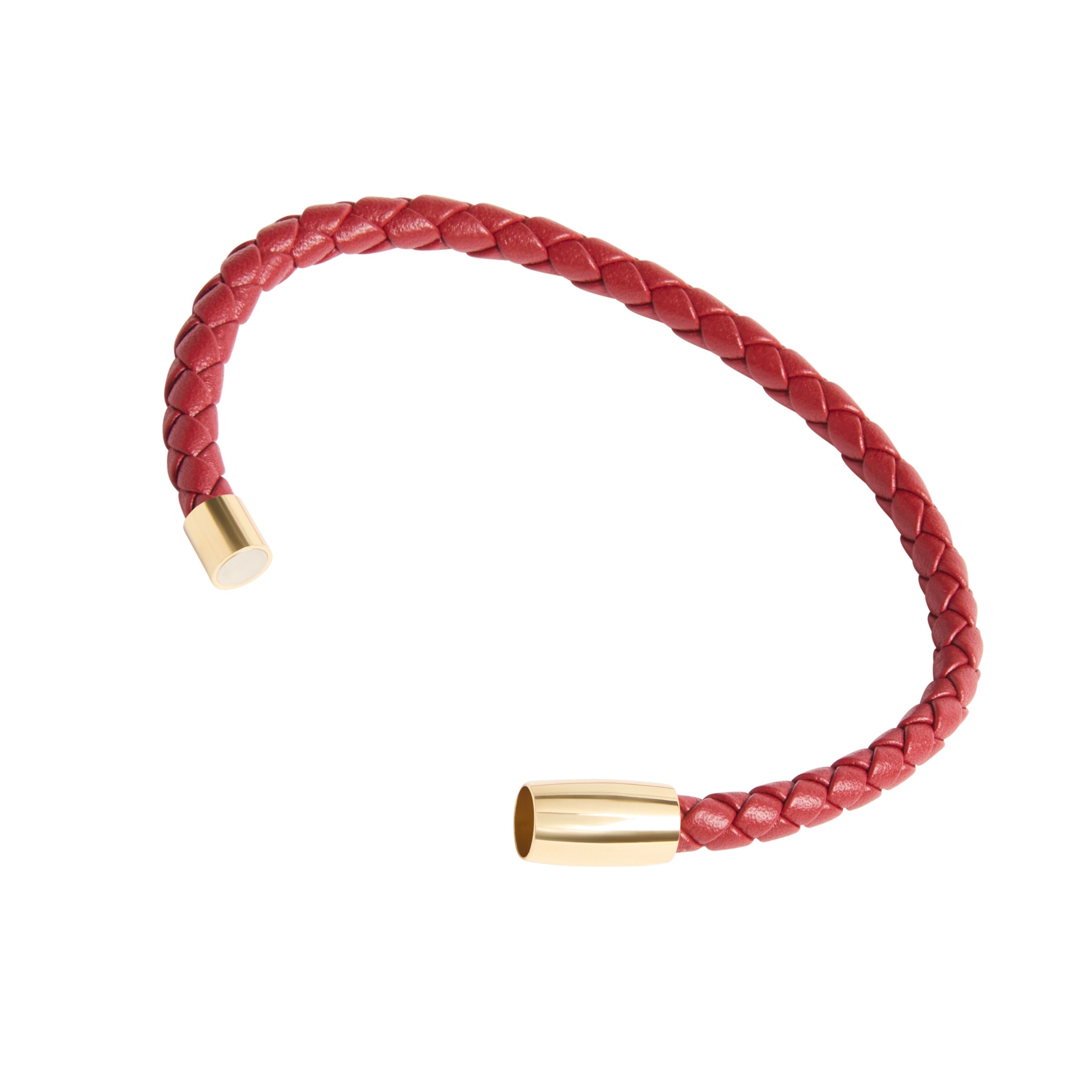  Sunset red braided leather bracelet with gold magnetic barrel clasp open showing clasp detail by Jan Leslie.
