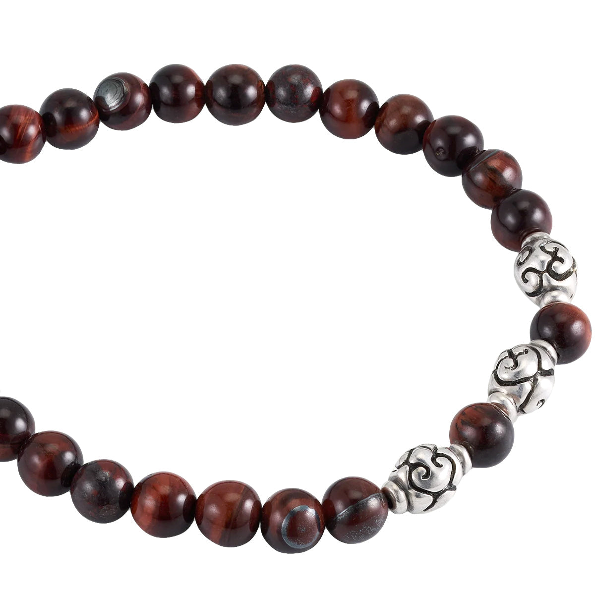 Red tiger's eye beaded flex bracelet with oxidized sterling silver scroll beads close-up