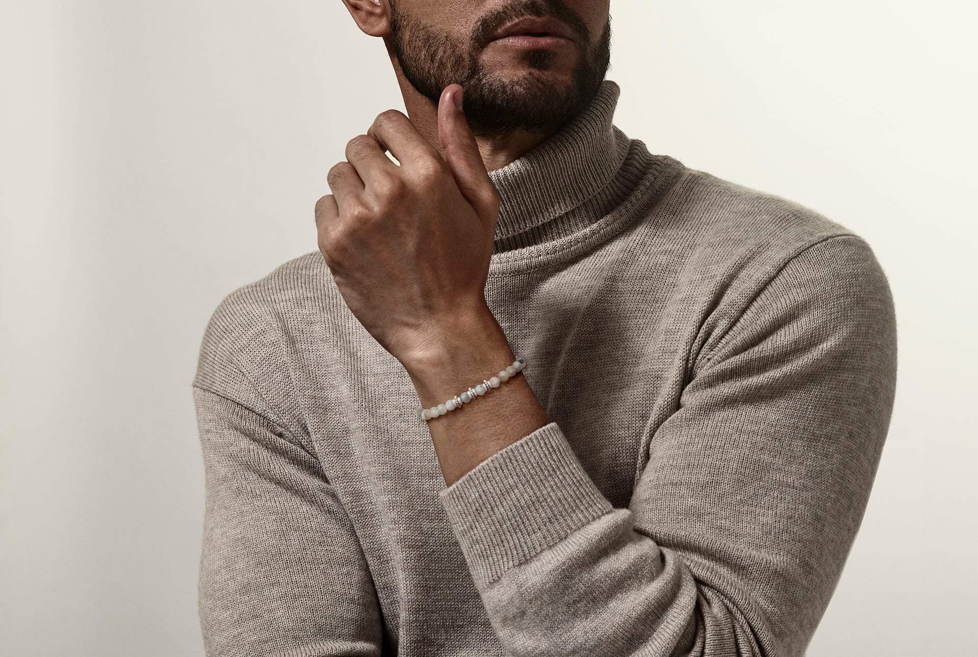 Men's matte grey labradorite stretch bracelet with sterling silver engraved rondelle spacers