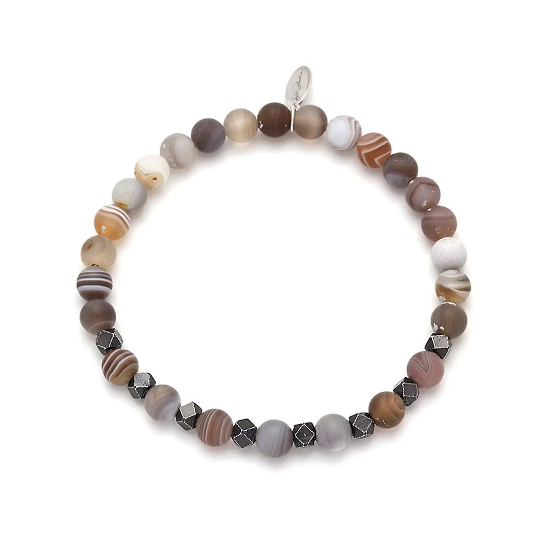 Men's matte banded agate stretch bracelet with faceted metal spacers and Jan Leslie signature