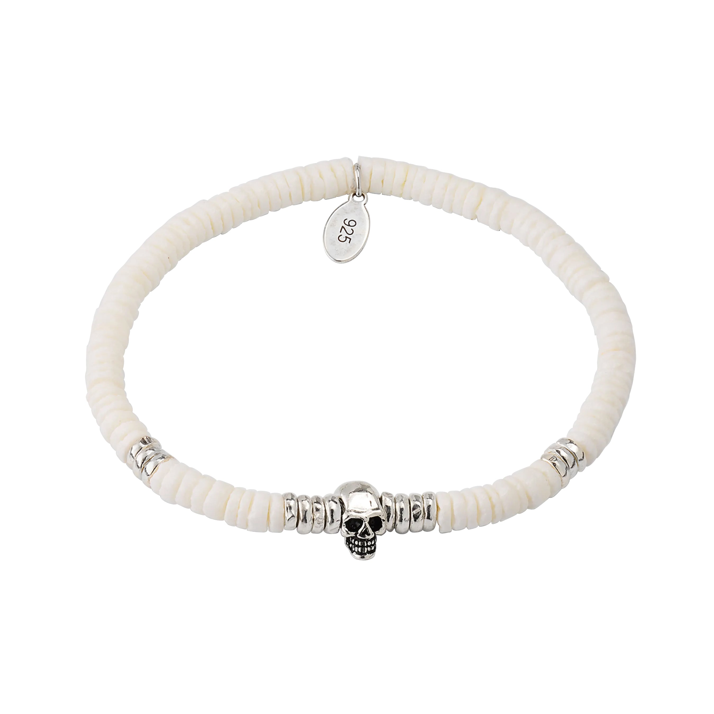 Men's white puka shell and mother-of-pearl heishi stretch bracelet with sterling silver