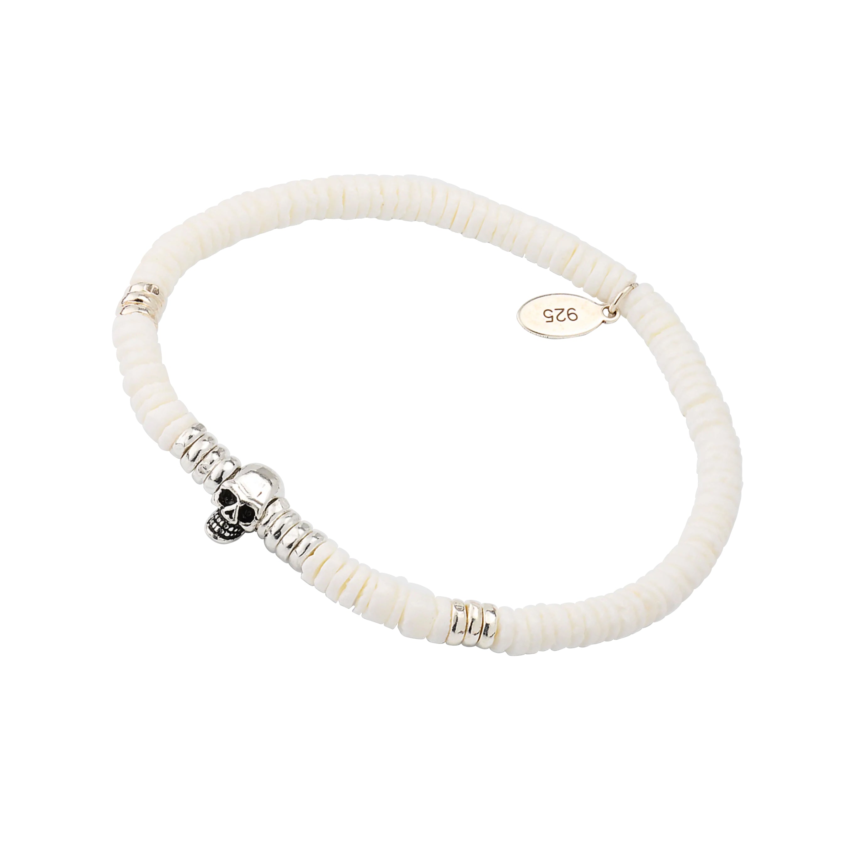 Men's white puka shell and mother-of-pearl heishi stretch bracelet with sterling silver