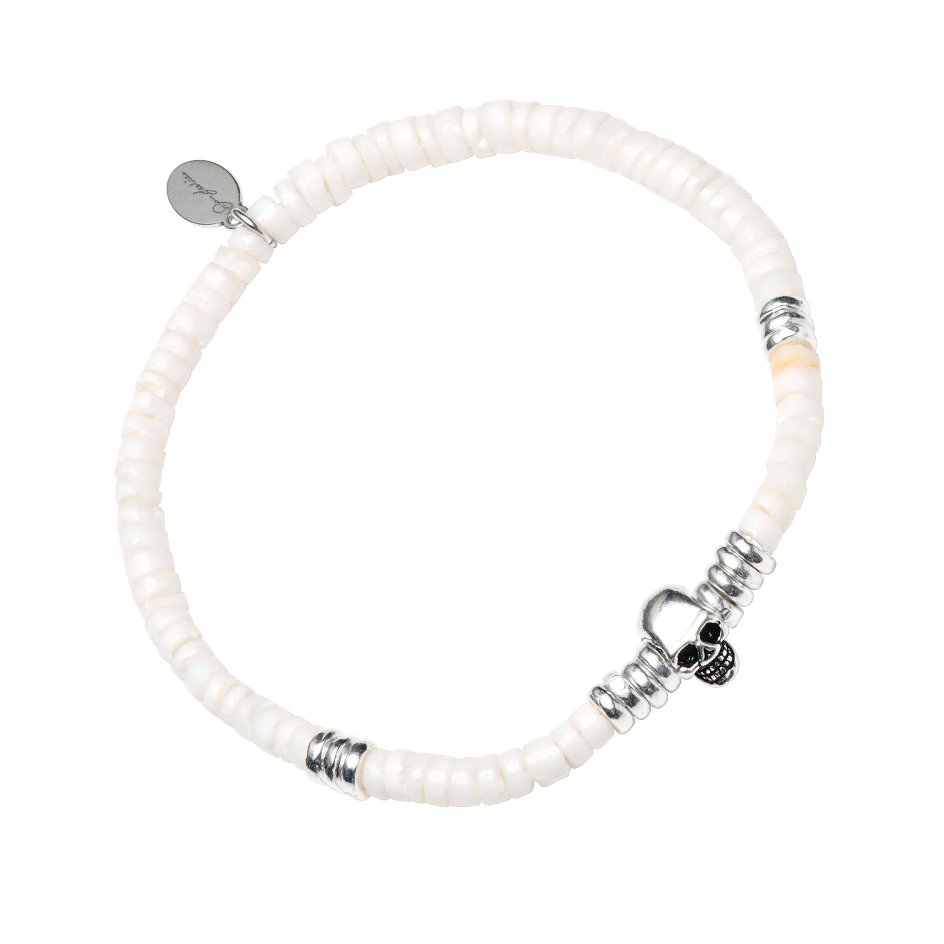 Men's white puka shell and mother-of-pearl heishi stretch bracelet with sterling silver