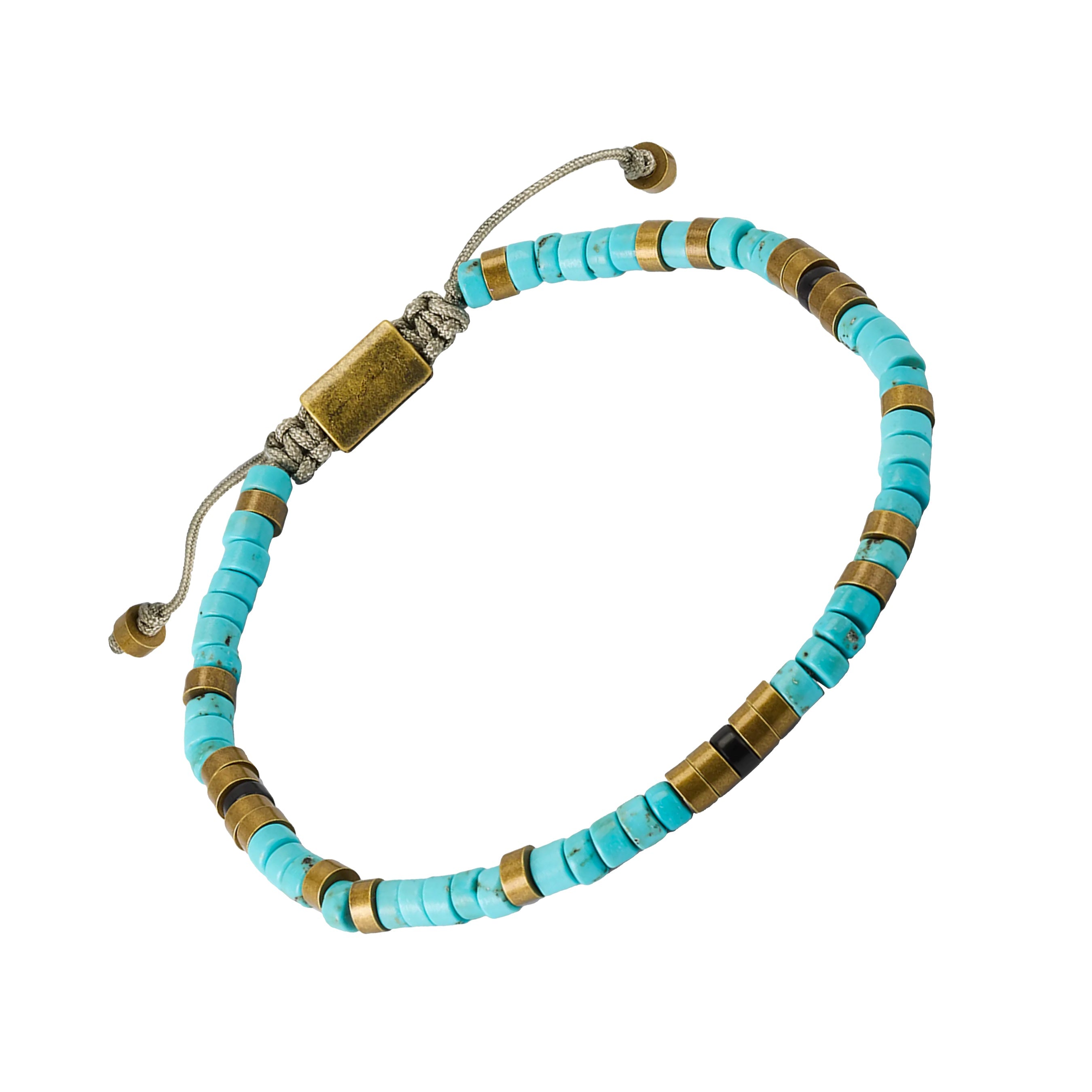Turquoise heishi bead bracelet with antique brass spacers and adjustable cord closure, Jan Leslie
